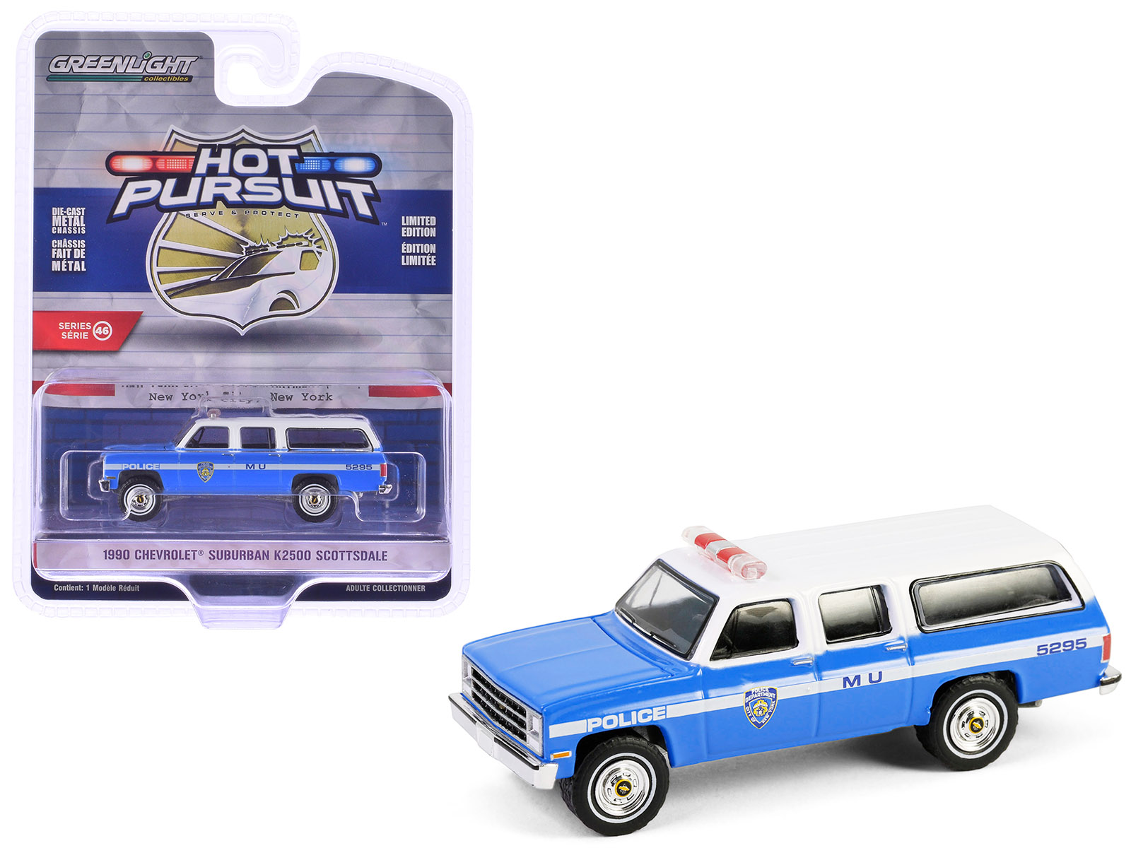 1990 Chevrolet Suburban K2500 Scottsdale "NYPD (New York City Police Department)" Blue with White Top "Hot Pursuit" Series 46 1/64 Diecast Model Car by Greenlight