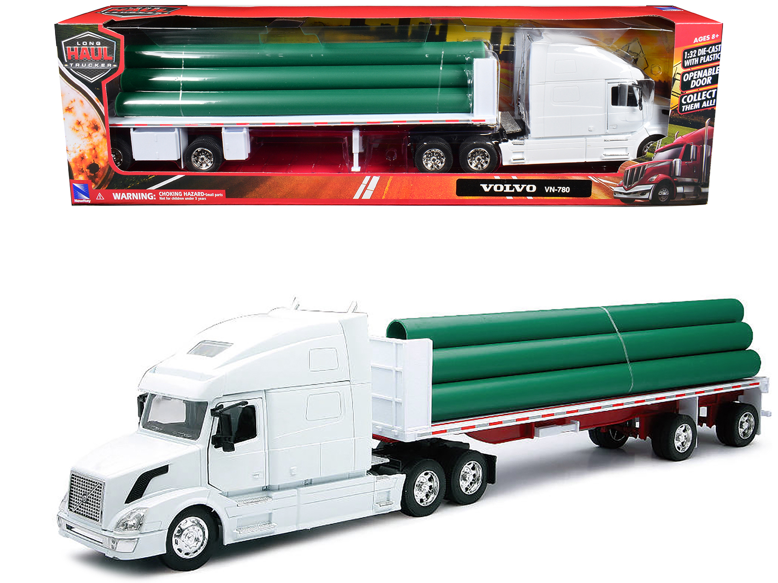 Volvo VN-780 Truck with Flatbed Trailer and Long Pipes White "Long Haul Truckers" Series 1/32 Diecast Model by New Ray