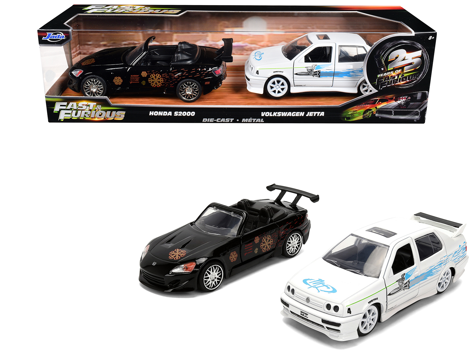 Honda S2000 Black with Graphics and Volkswagen Jetta White with Graphics Set of 2 pieces "25 Years of Fast & Furious" Series 1/32 Diecast Model Cars by Jada