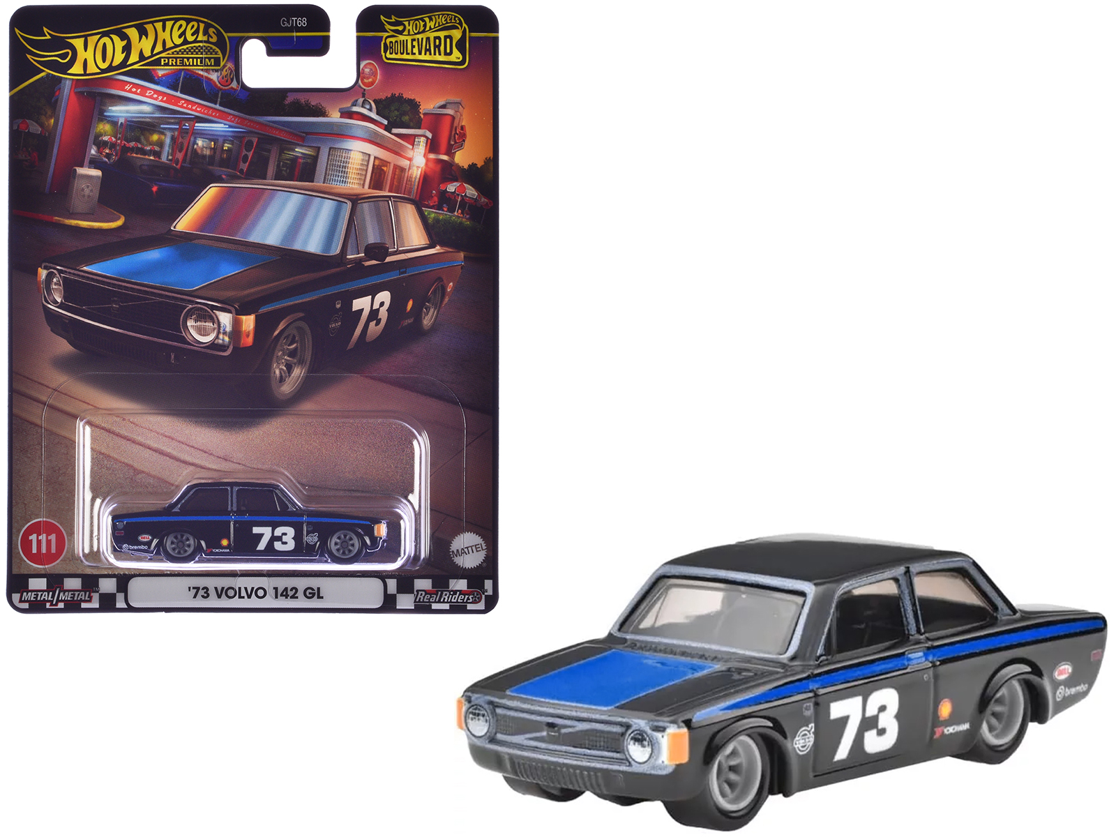 1973 Volvo 142 GL #73 Black with Blue Stripes and Hood "Boulevard" Series Diecast Model Car by Hot Wheels