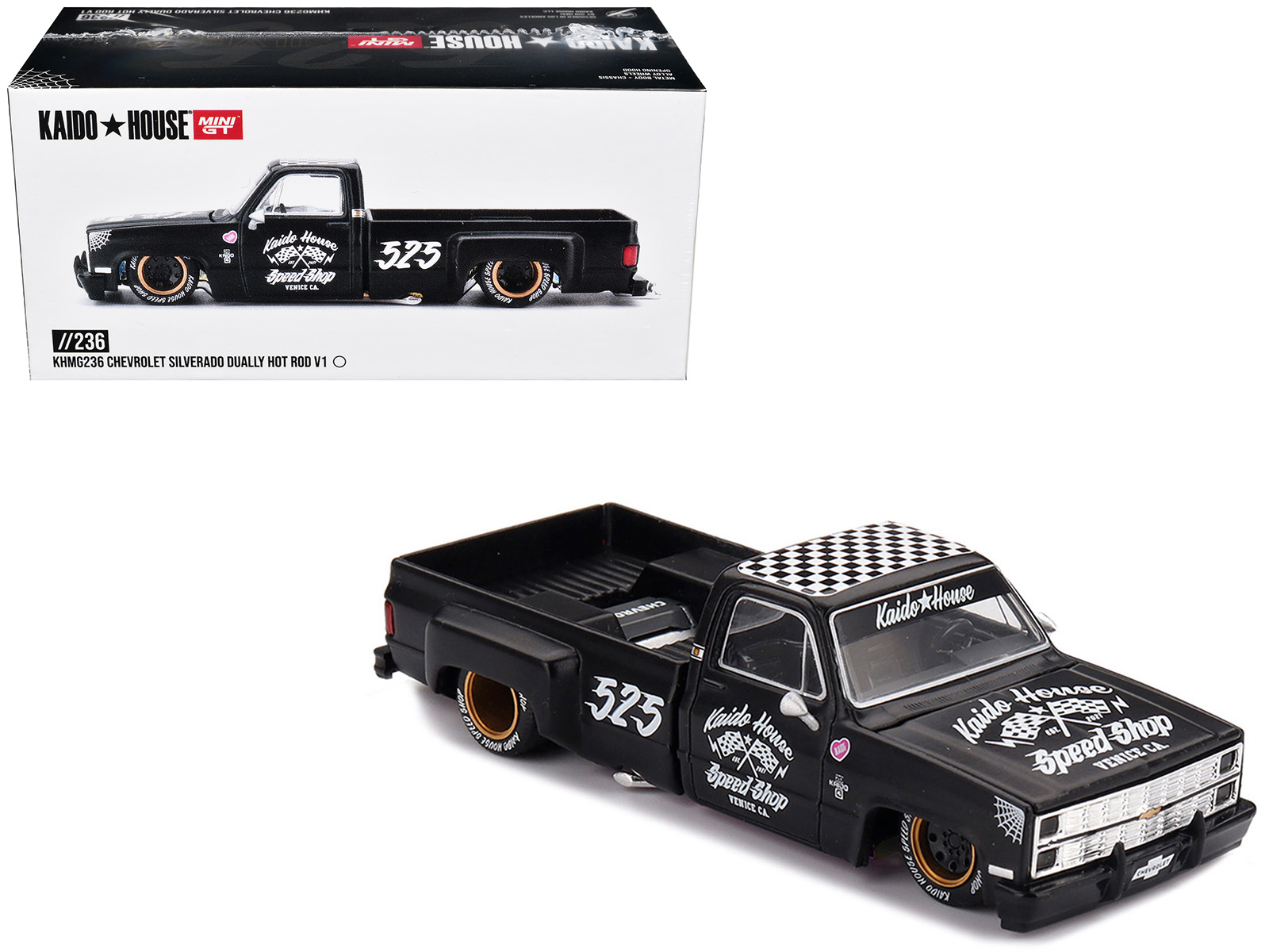 Chevrolet Silverado Dually Pickup Truck "Hot Rod V1" Matt Black with Checkered Top and Graphics (Designed by Jun Imai) "Kaido House" Special 1/64 Diecast Model Car by Mini GT
