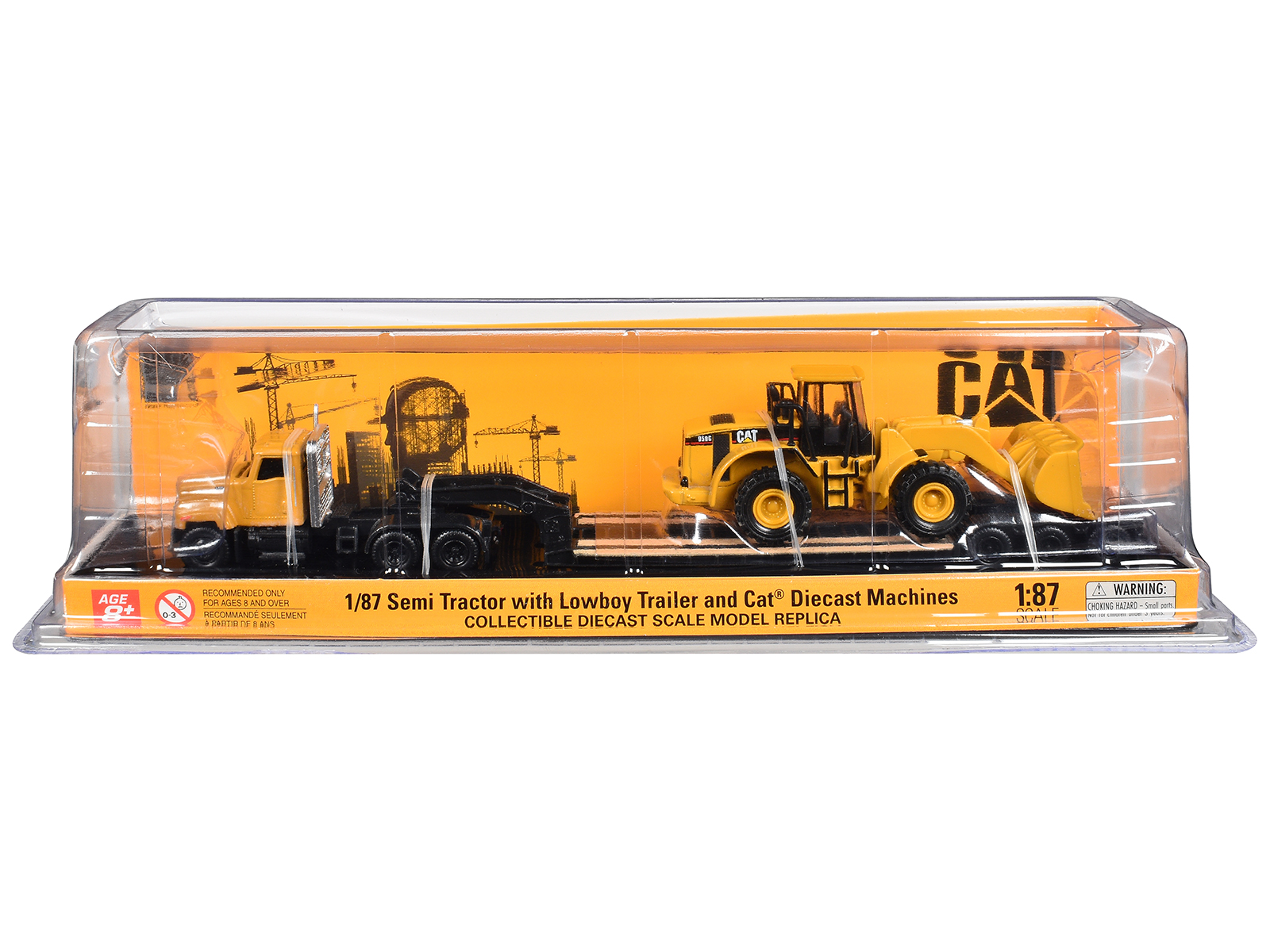 CAT Caterpillar CT681 Day Cab Tractor Yellow with Lowboy Trailer and CAT 950G Wheel Loader Yellow 1/87 (HO) Diecast Model by Diecast Masters