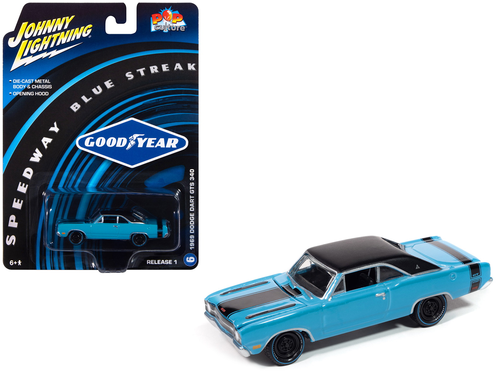 1969 Dodge Dart GTS 340 Blue with Black Top and Stripes "Goodyear Blue Streak" "Pop Culture" 2025 Release 1 1/64 Diecast Model Car by Johnny Lightning