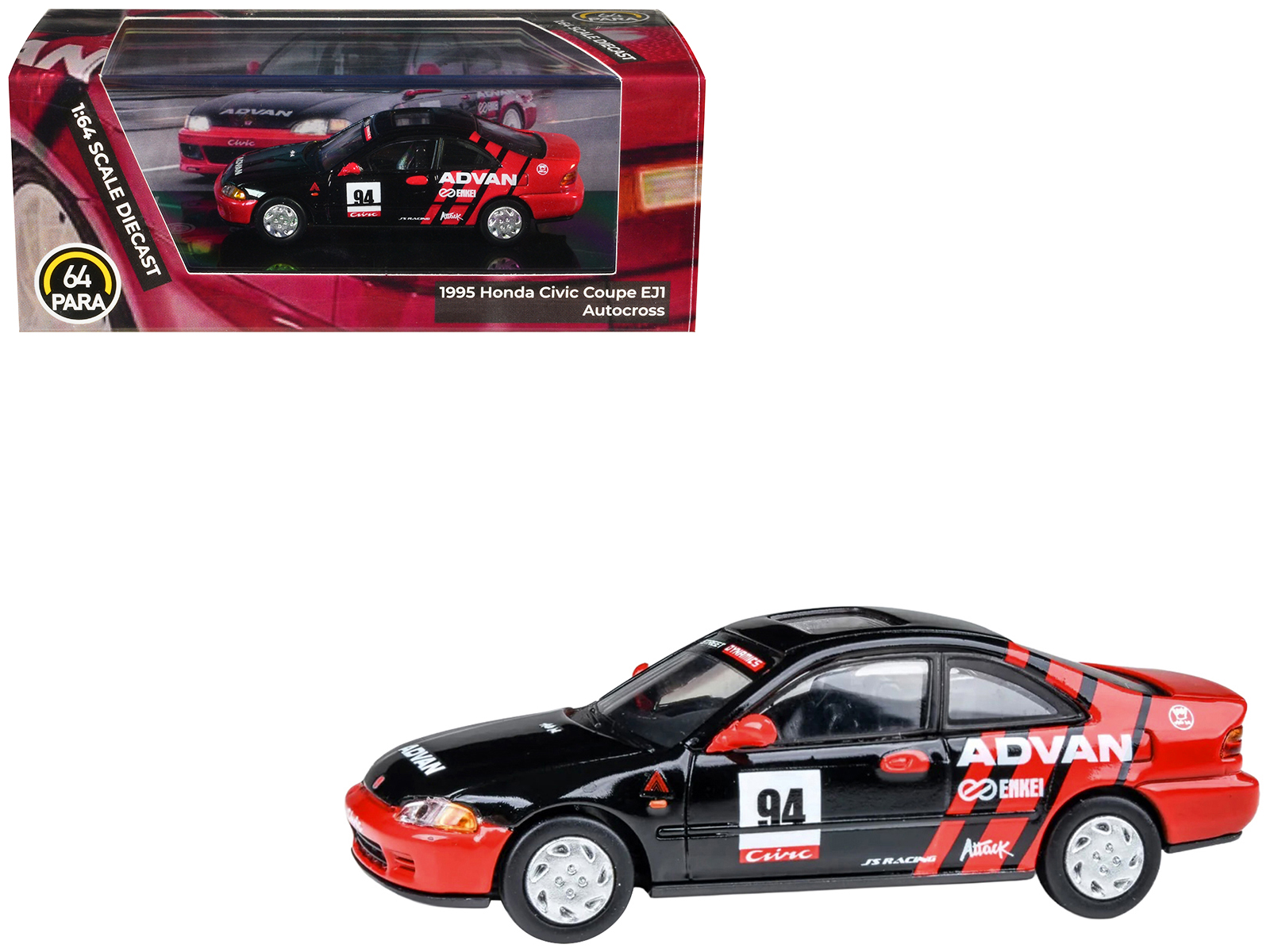 1995 Honda Civic Coupe EJ1 #94 "Autocross - ADVAN" Black and Red 1/64 Diecast Model Car by Paragon Models