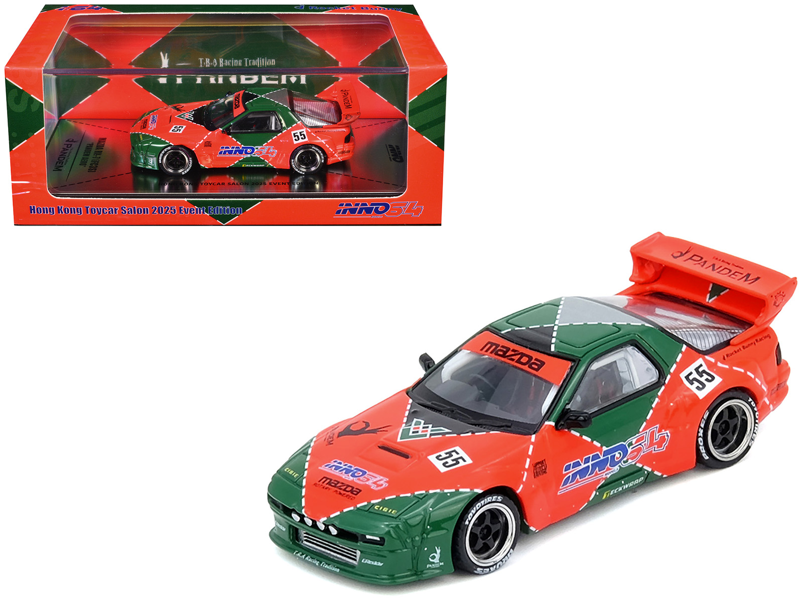 Mazda RX7 (FC3S) "Pandem Aero" RHD (Right Hand Drive) #55 Red and Green "Hong Kong Toycar Salon 2025 Event Edition" 1/64 Diecast Model Car by Inno Models