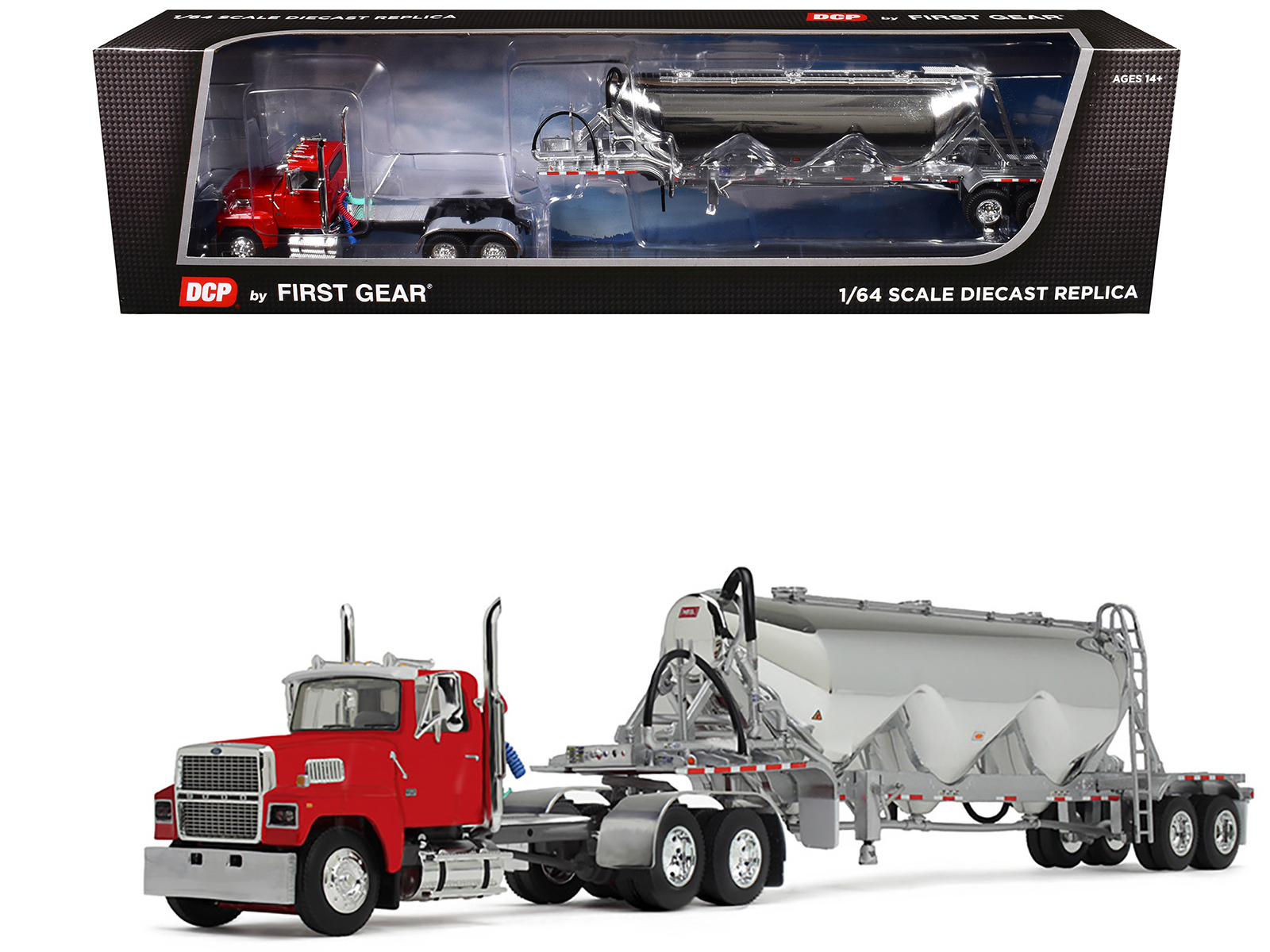 Ford LTL 9000 Day Cab with Heil Pneumatic Tank Trailer Heil Red 1/64 Diecast Model by DCP/First Gear