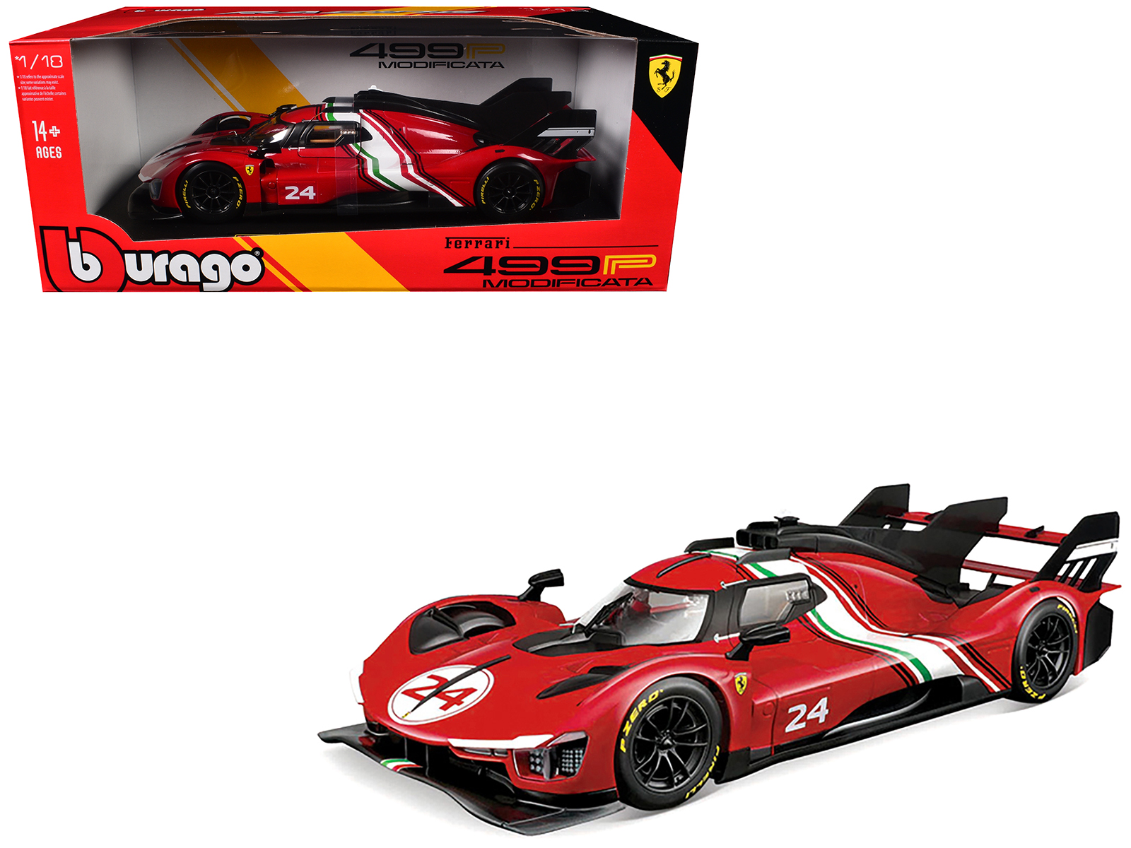 Ferrari 499P Modificata #24 Red with Italian Flag Stripes "Racing" Series 1/18 Diecast Model Car by Bburago