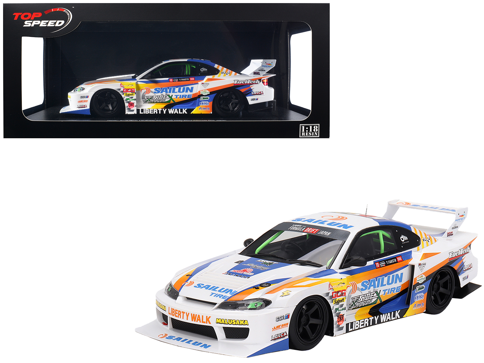 Nissan LB-Super Silhouette S15 SILVIA #555 Yukio Fausto "Formula Drift Japan" (2023) 1/18 Model Car by Top Speed