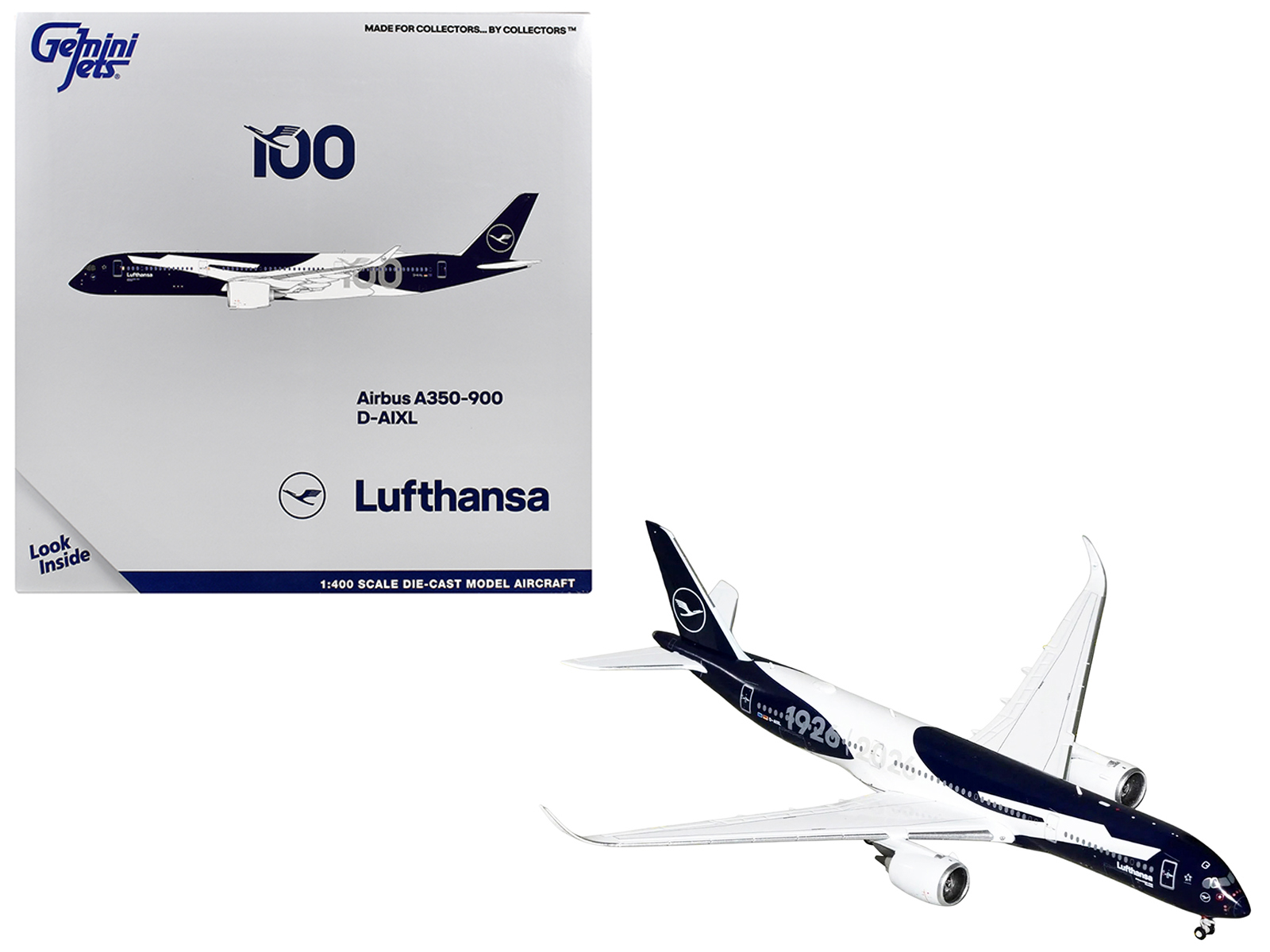 Airbus A350-900 Commercial Aircraft "Lufthansa 100th Anniversary" (D-AIXL) Dark Blue and White 1/400 Diecast Model Airplane by GeminiJets