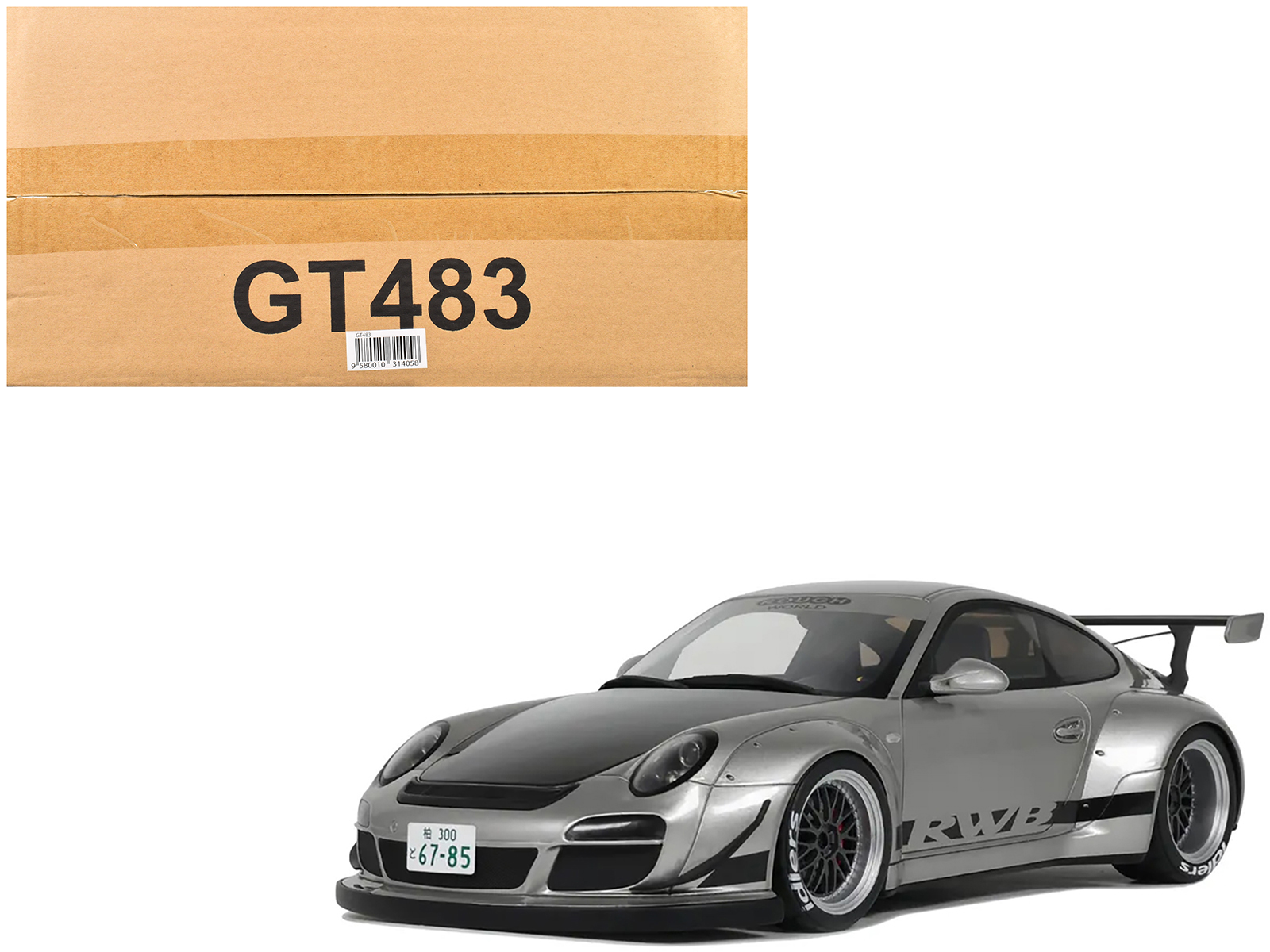 2024 Porsche 911 RWB Abu Silver Metallic with Black Hood 1/18 Model Car by GT Spirit