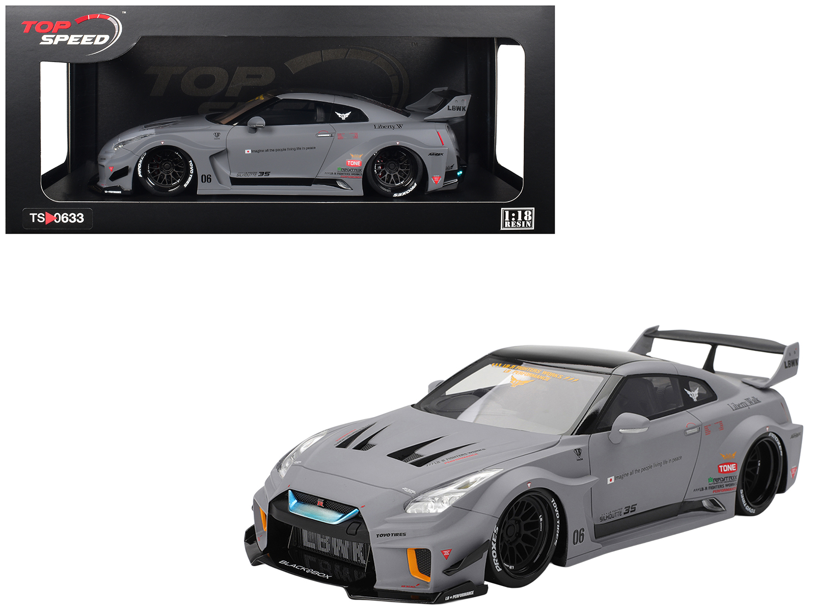 Nissan LB-Silhouette WORKS GT 35GT-RR Ver.1 RHD (Right Hand Drive) Matt Gray with Black Top 1/18 Model Car by Top Speed