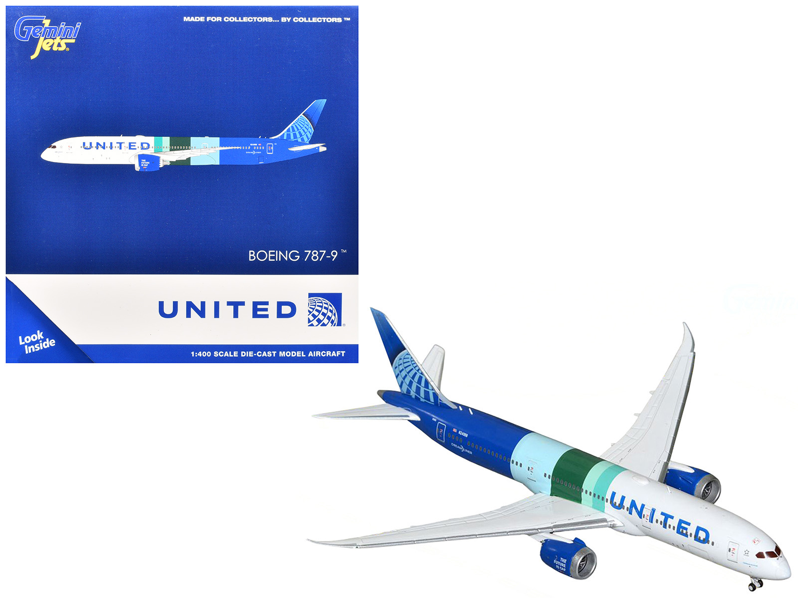 Boeing 787-9 Commercial Aircraft "United Airlines - The Future is SAF" (N24988) White and Blue with Stripes 1/400 Diecast Model Airplane by GeminiJets