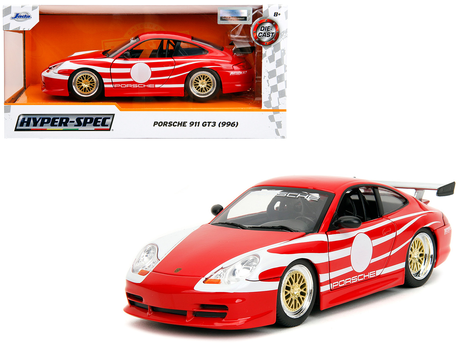 Porsche 911 GT3 (996) Red with White Graphics "Hyper-Spec" Series 1/24 Diecast Model Car by Jada