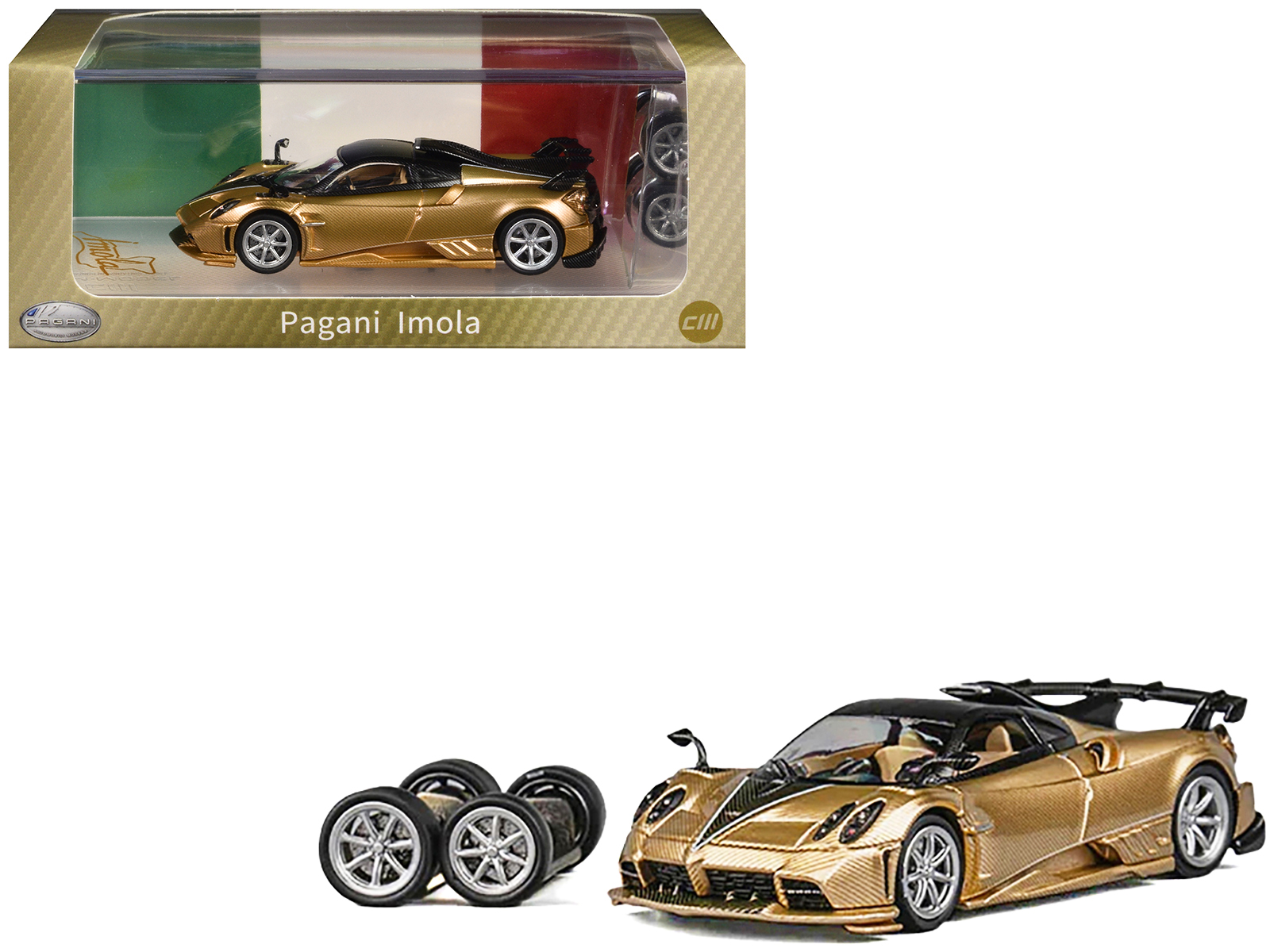 Pagani Imola Gold Carbon Metallic with Black Carbon Top with Extra Wheels 1/64 Diecast Model Car by CM Model