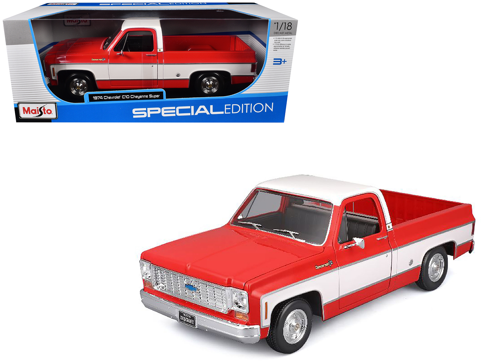 1974 Chevrolet C10 Cheyenne Super Pickup Truck Red and White "Special Edition" Series 1/18 Diecast Model Car by Maisto