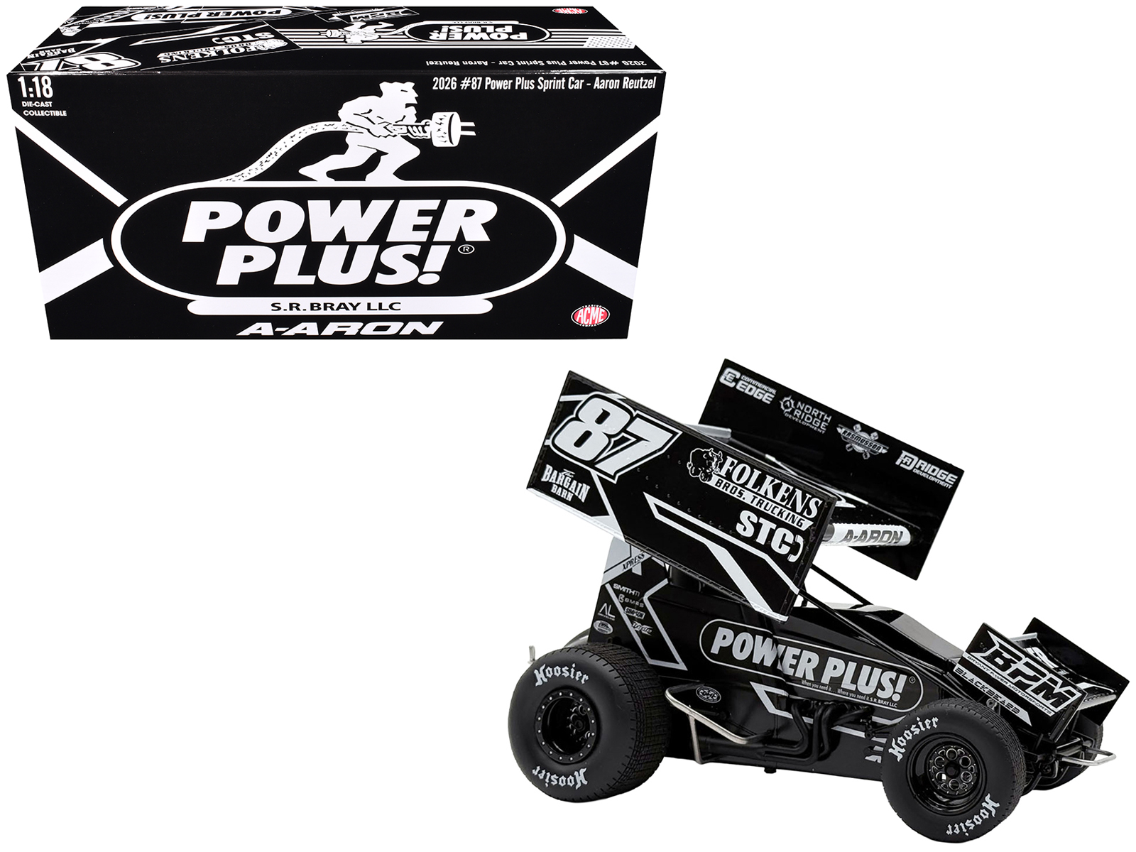 Winged Sprint Car #87 Aaron Reutzel "Power Plus" Black (2026) 1/18 Diecast Model Car by ACME