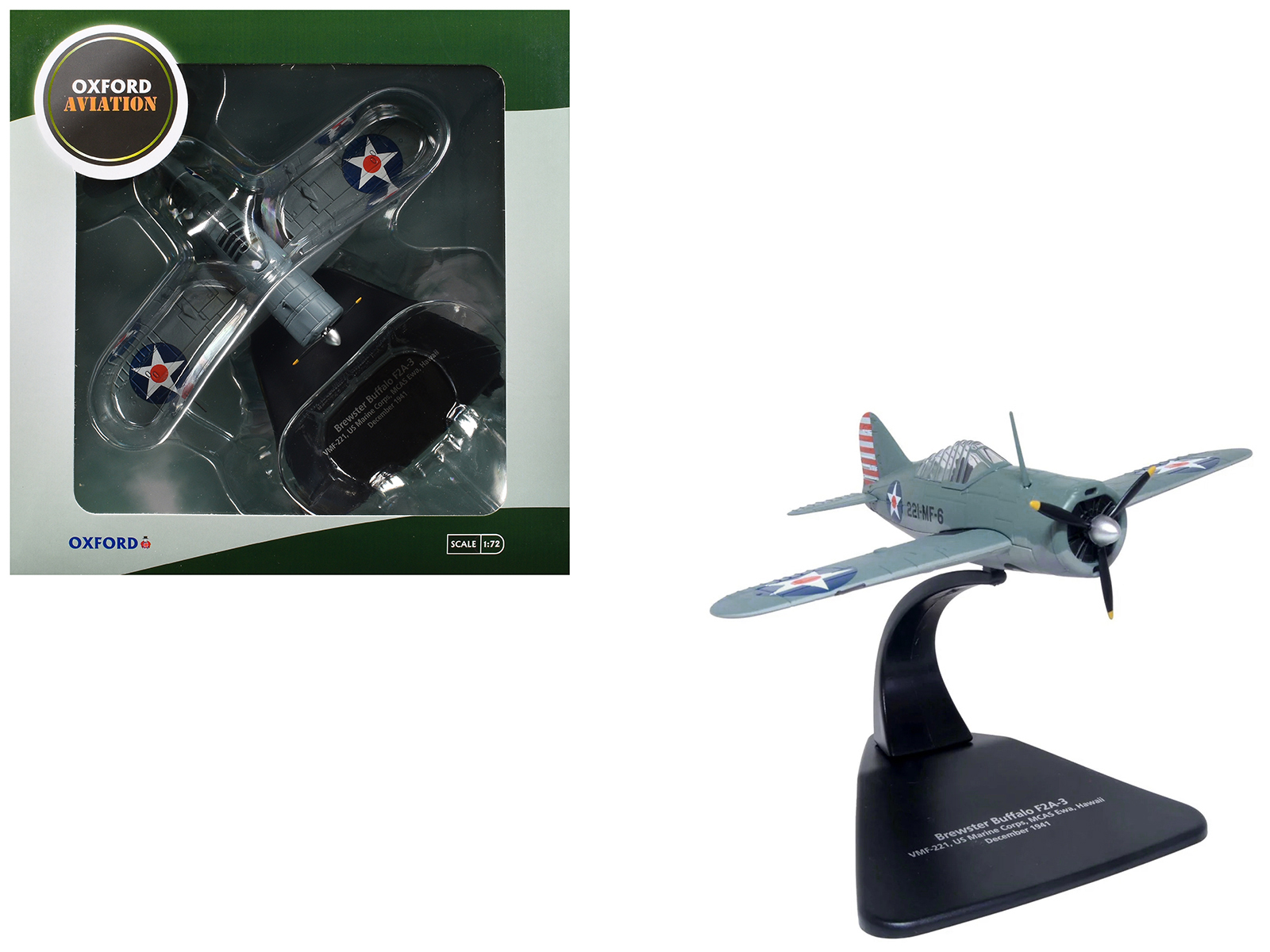 Brewster Buffalo F2A-3 Fighter Aircraft "VMF-221 MCAS Ewa Hawaii" (1941) United States Marine Corps "Oxford Aviation" Series 1/72 Diecast Model Airplane by Oxford Diecast