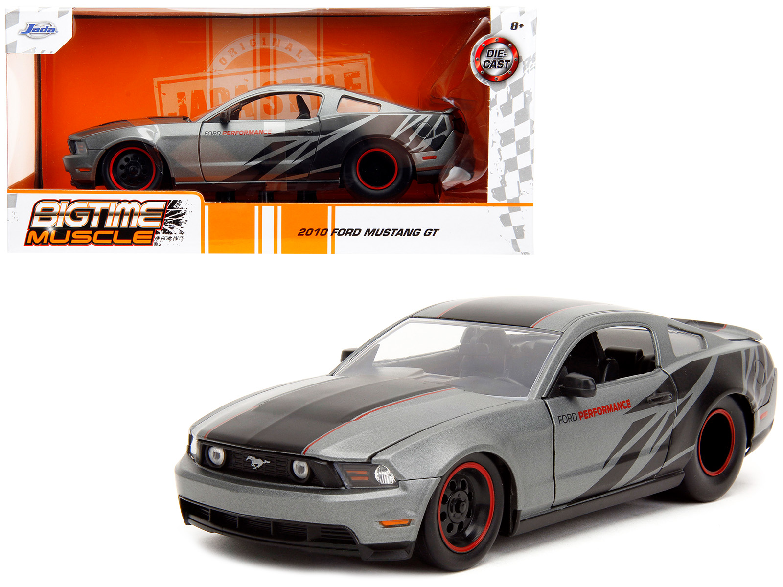 2010 Ford Mustang GT Matt Gray Metallic with Black Graphics and Stripes "Ford Performance" "Bigtime Muscle" Series 1/24 Diecast Model Car by Jada