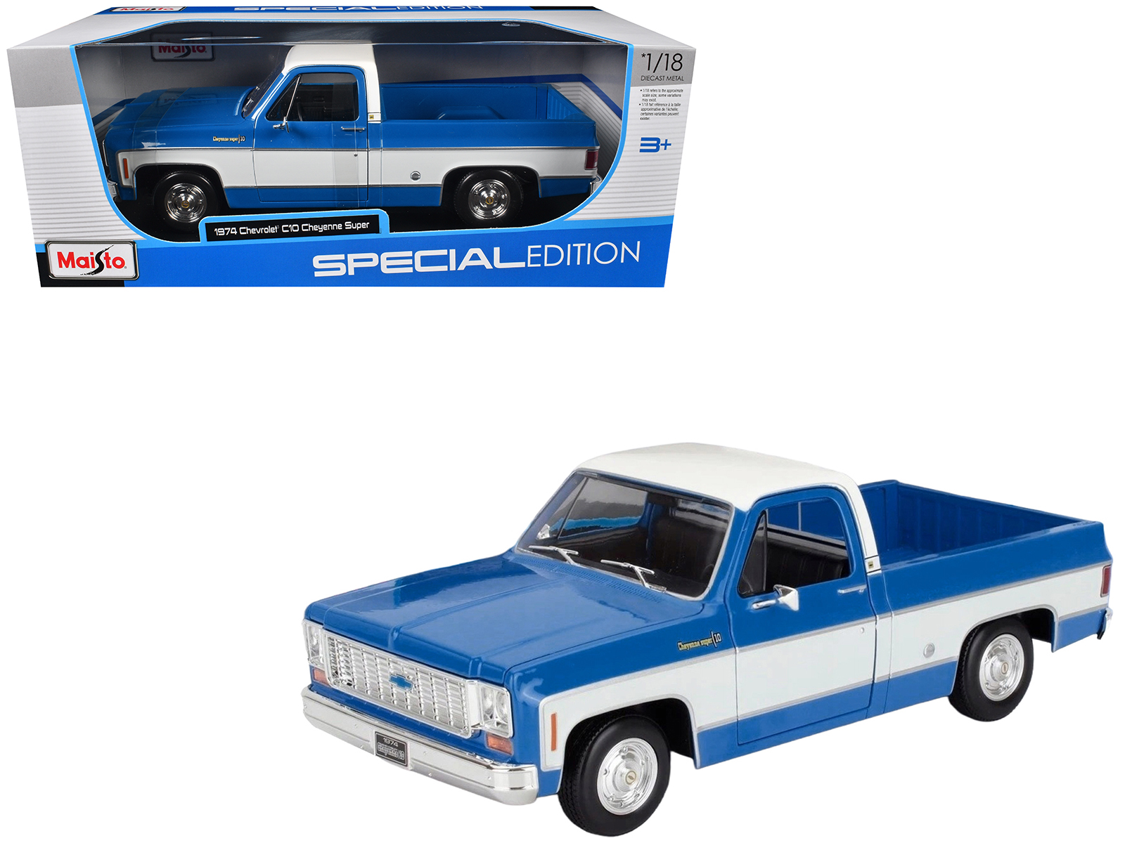 1974 Chevrolet C10 Cheyenne Super Pickup Truck Blue and White "Special Edition" Series 1/18 Diecast Model Car by Maisto