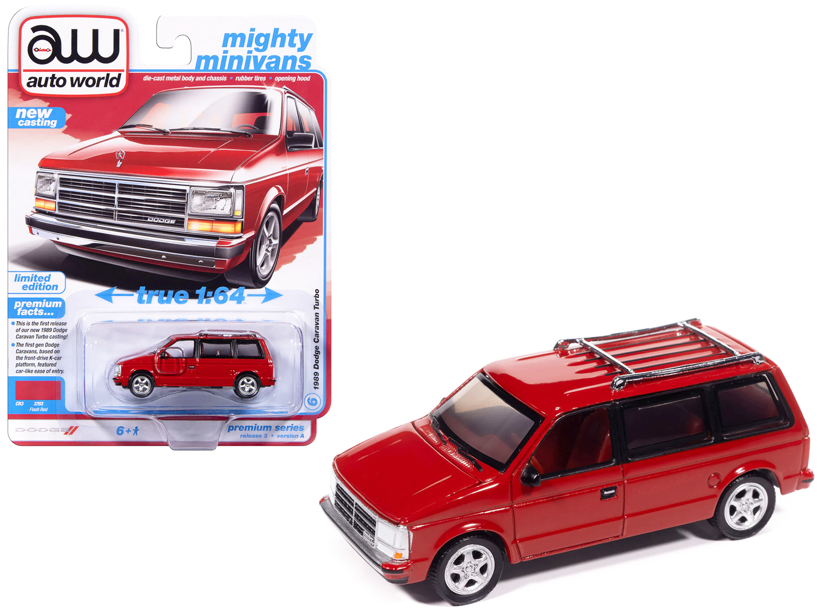 1989 Dodge Caravan Turbo Van Flash Red "Mighty Minivans" Series 1/64 Diecast Model Car by Auto World