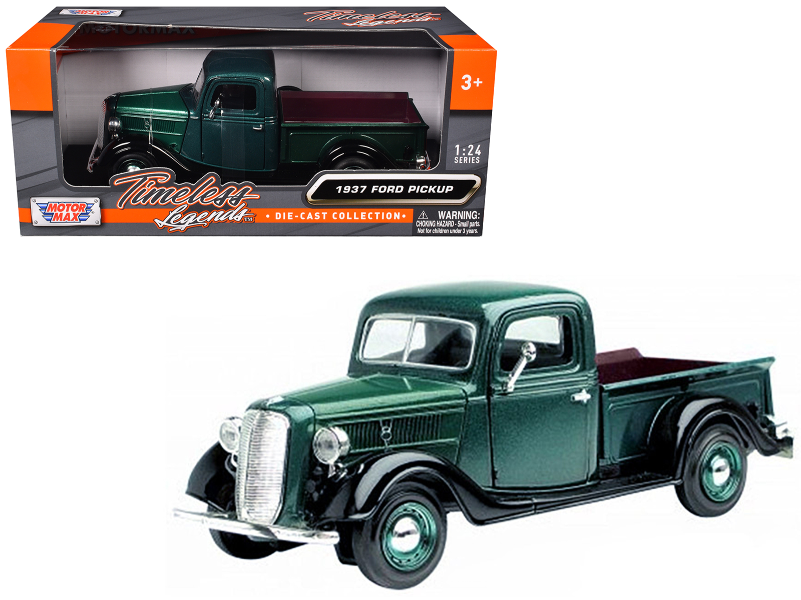 1937 Ford Pickup Truck Green and Black 1/24 Diecast Model Car by Motormax