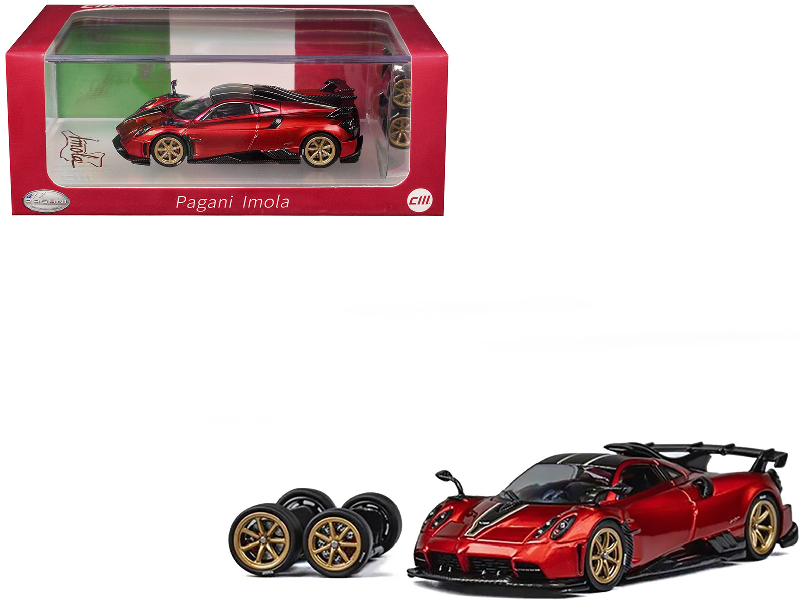 Pagani Imola Red Metallic with Carbon Top and Stripes with Extra Wheels 1/64 Diecast Model Car by CM Model