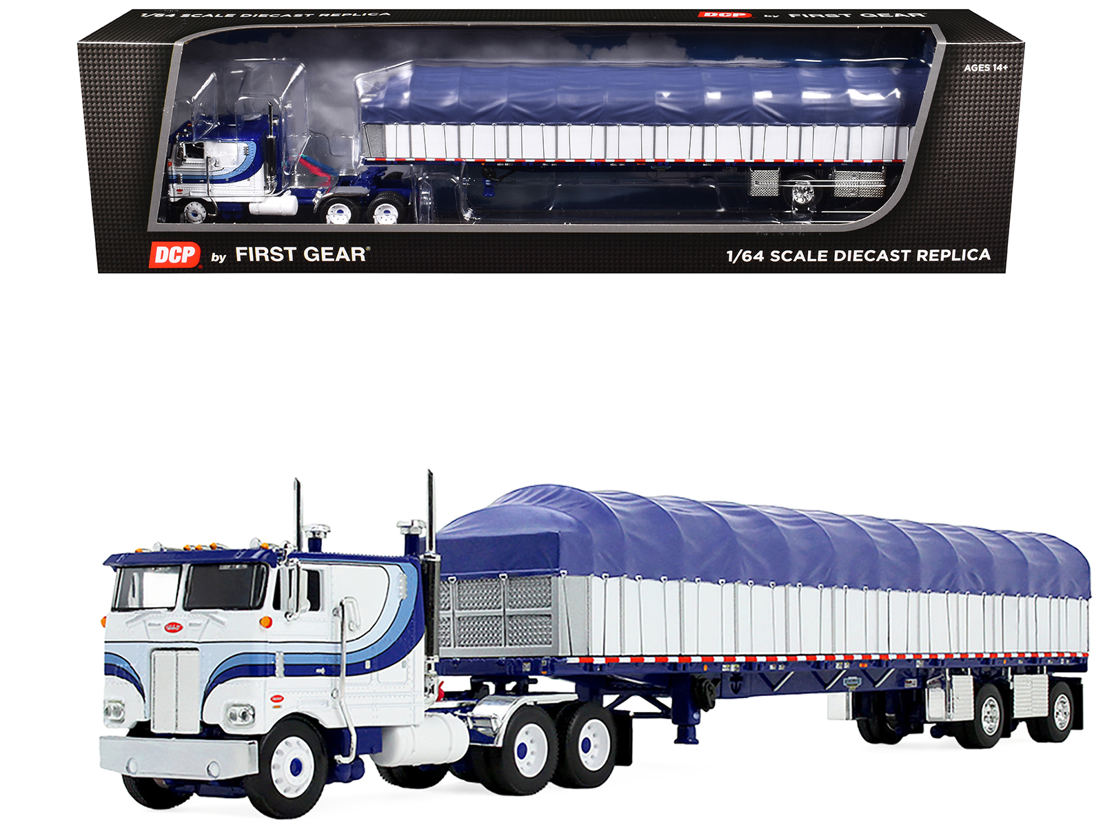 Peterbilt 352 COE 110" Sleeper and 53’ Wilson Roadbrute Flatbed Trailer with Covered Wagon White with Blue Stripes 1/64 Diecast Model by DCP/First Gear