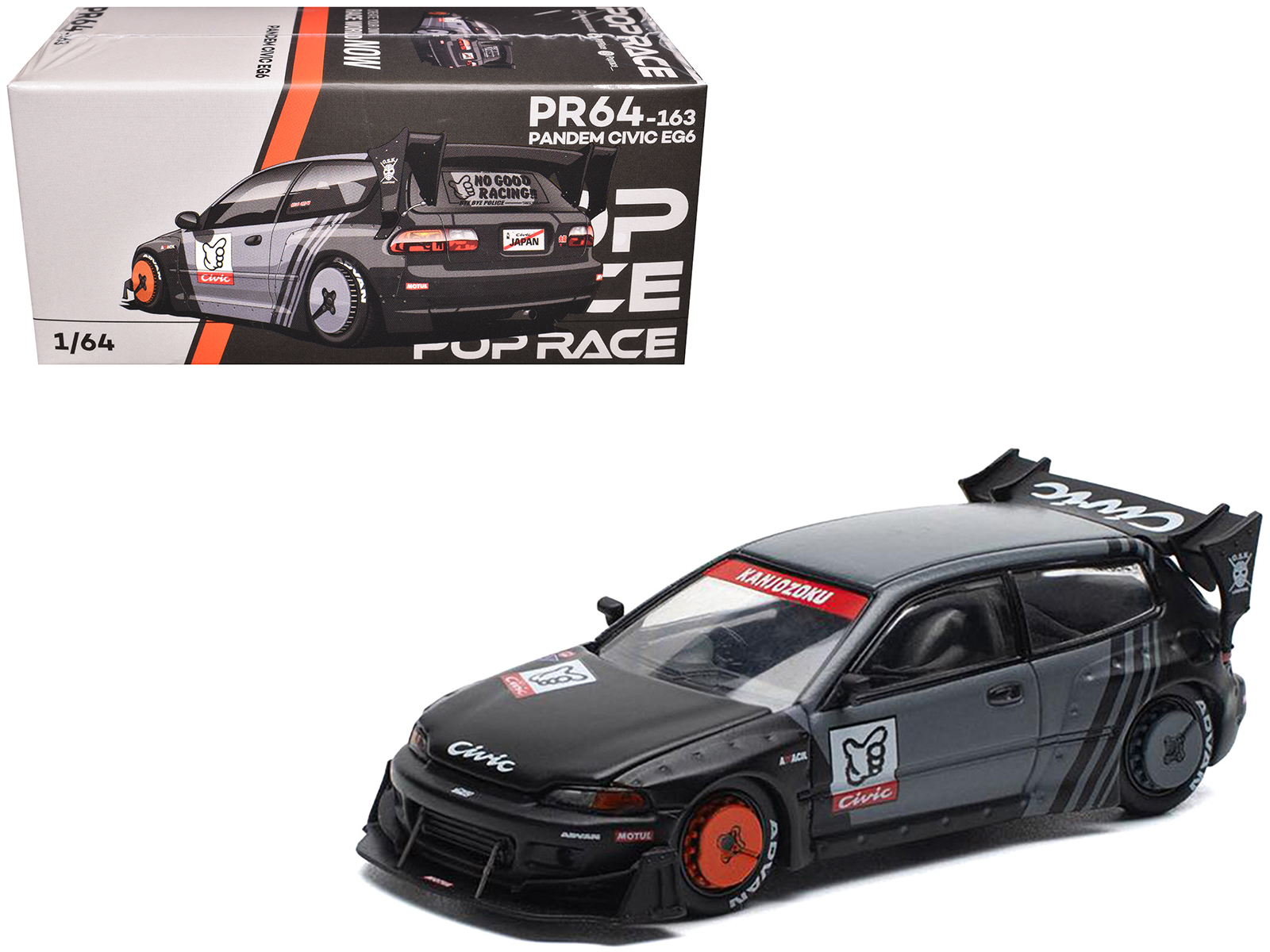 Pandem Civic EG6 RHD (Right Hand Drive) "Kanjozoku" Matt Black and Gray with Graphics 1/64 Diecast Model Car by Pop Race