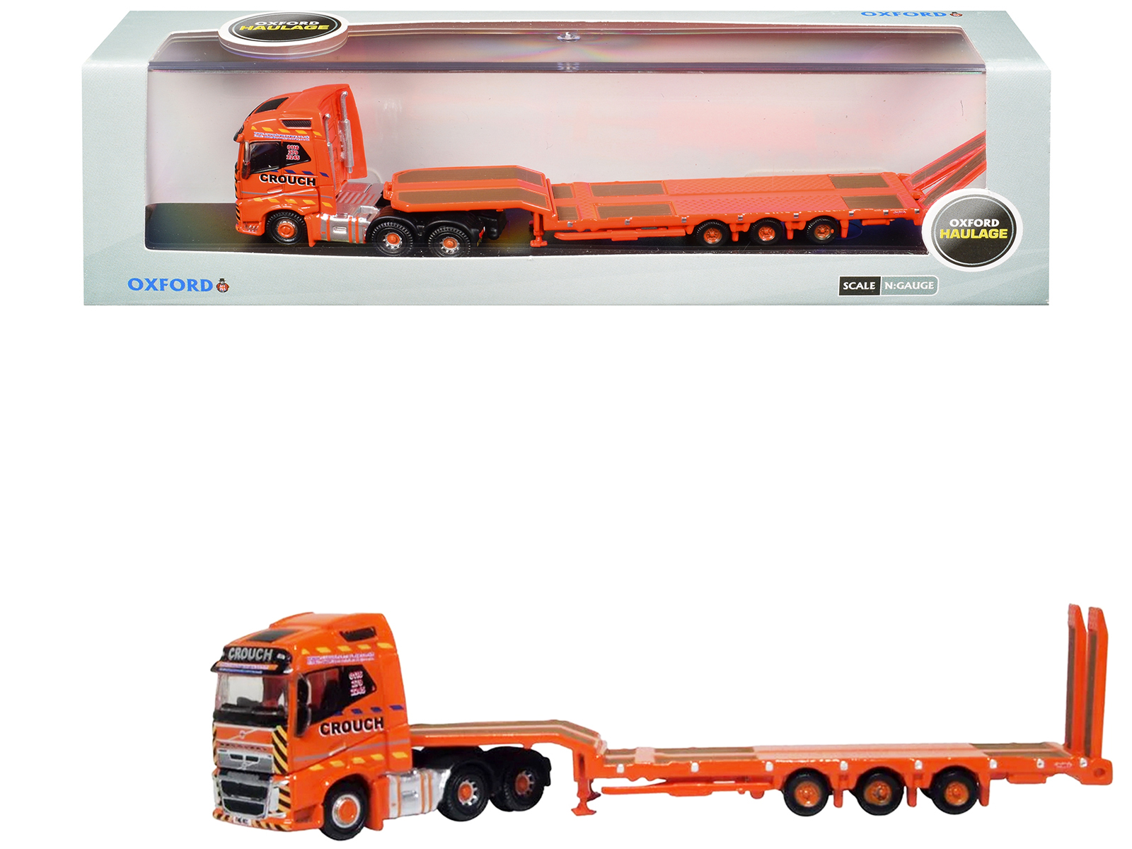 Volvo FH4 Truck RHD (Right Hand Drive) with Low Boy Trailer "Crouch Recovery" Orange with Graphics 1/148 (N) Scale Diecast Model Car by Oxford Diecast