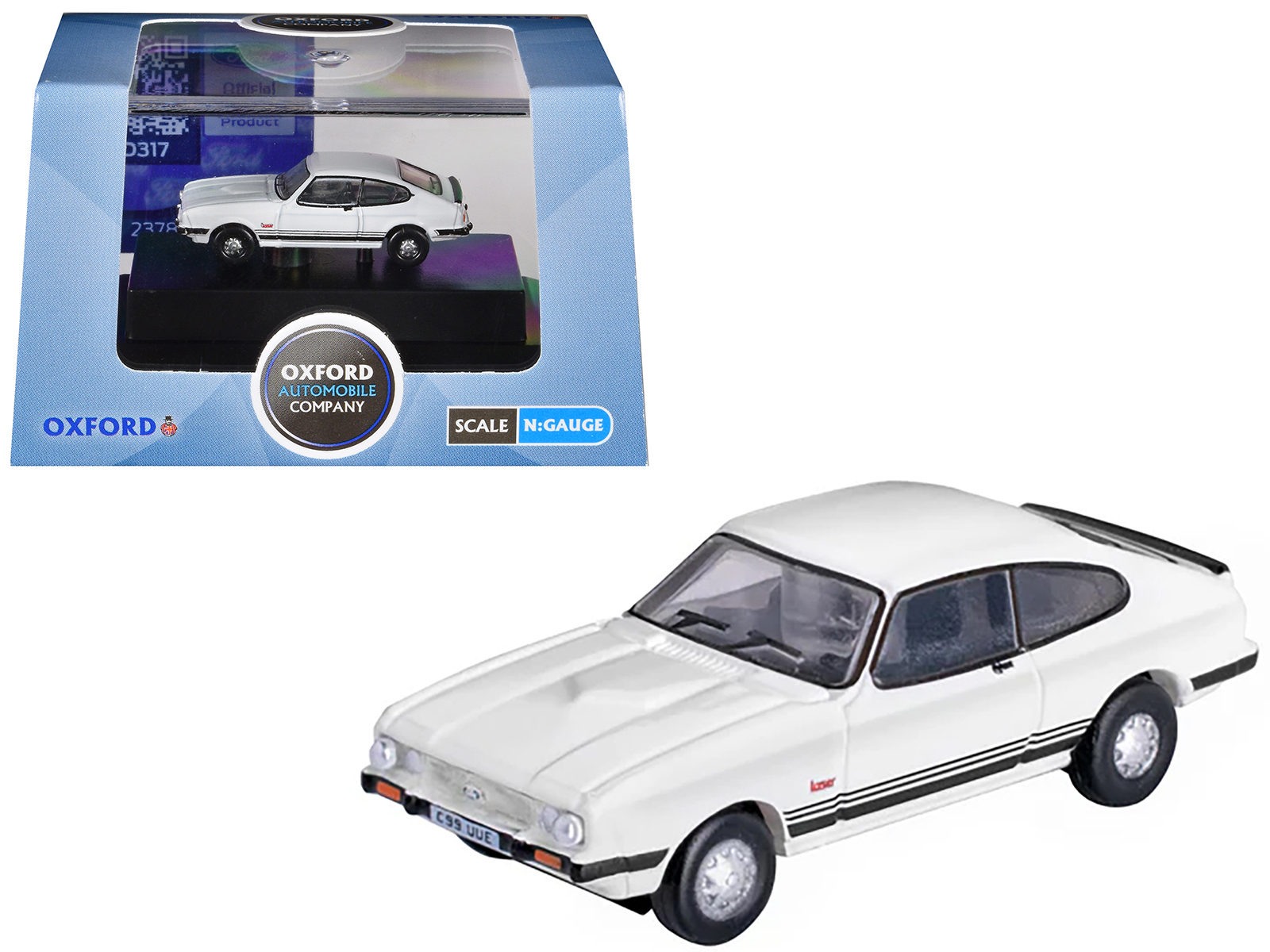 Ford Capri Mk3 RHD (Right Hand Drive) Diamond White with Black Stripes 1/148 (N) Scale Diecast Model Car by Oxford Diecast