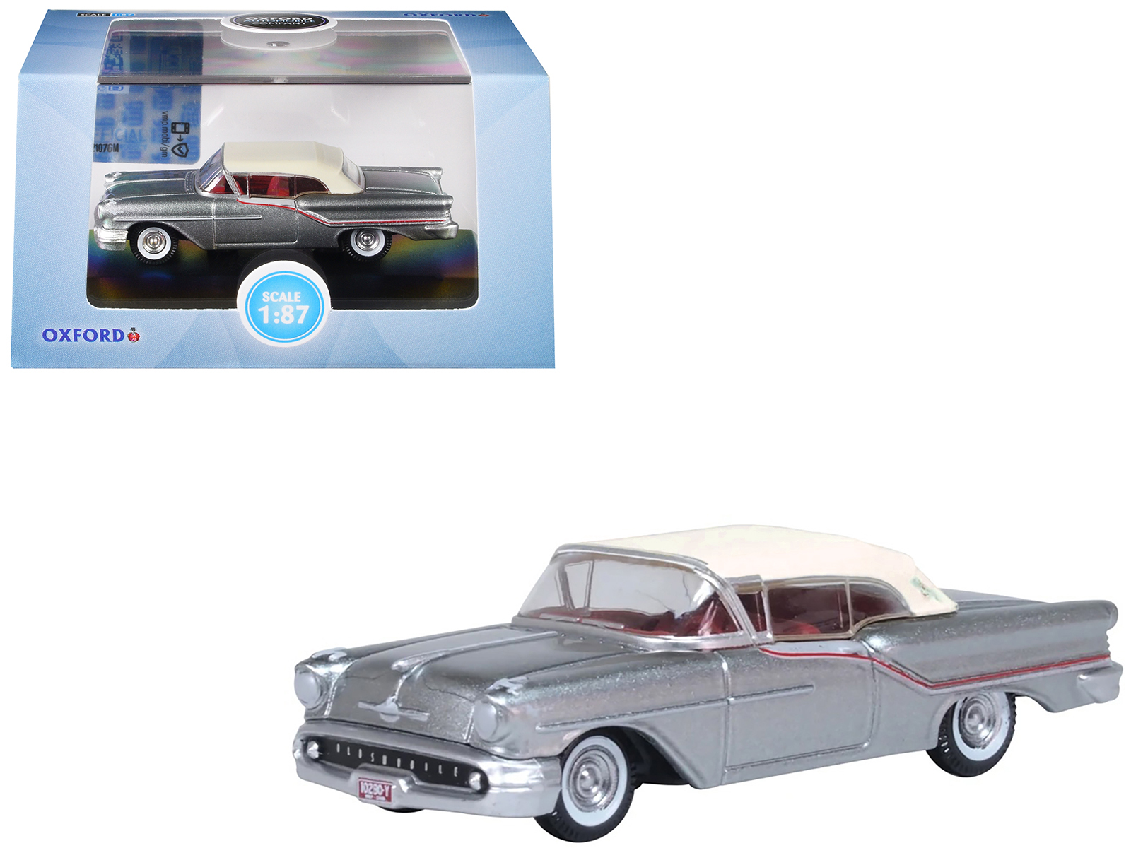 1957 Oldsmobile 88 Convertible (Top-Up) Juneau Gray with White Top and Red Interior 1/87 (HO) Scale Diecast Model Car by Oxford Diecast