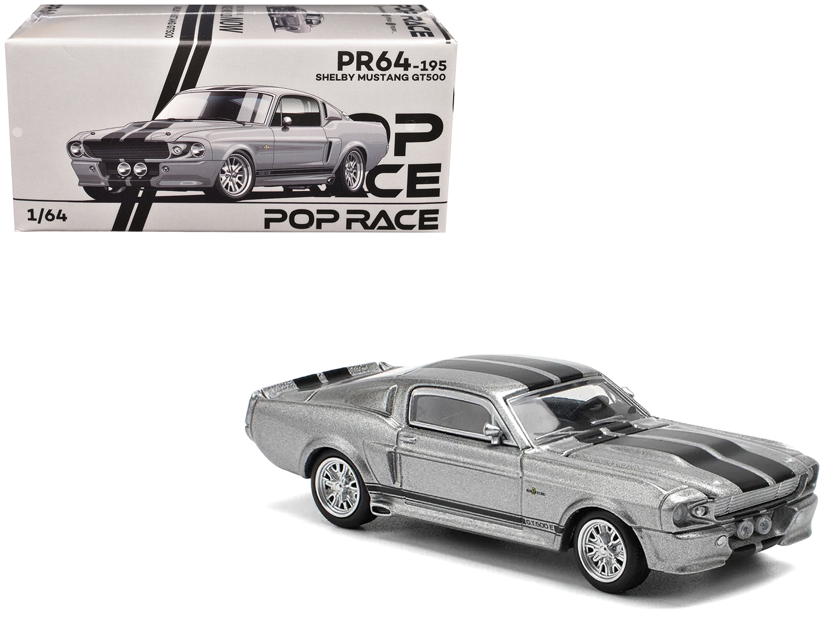 Shelby Mustang GT500 Gray Metallic with Black Stripes 1/64 Diecast Model Car by Pop Race