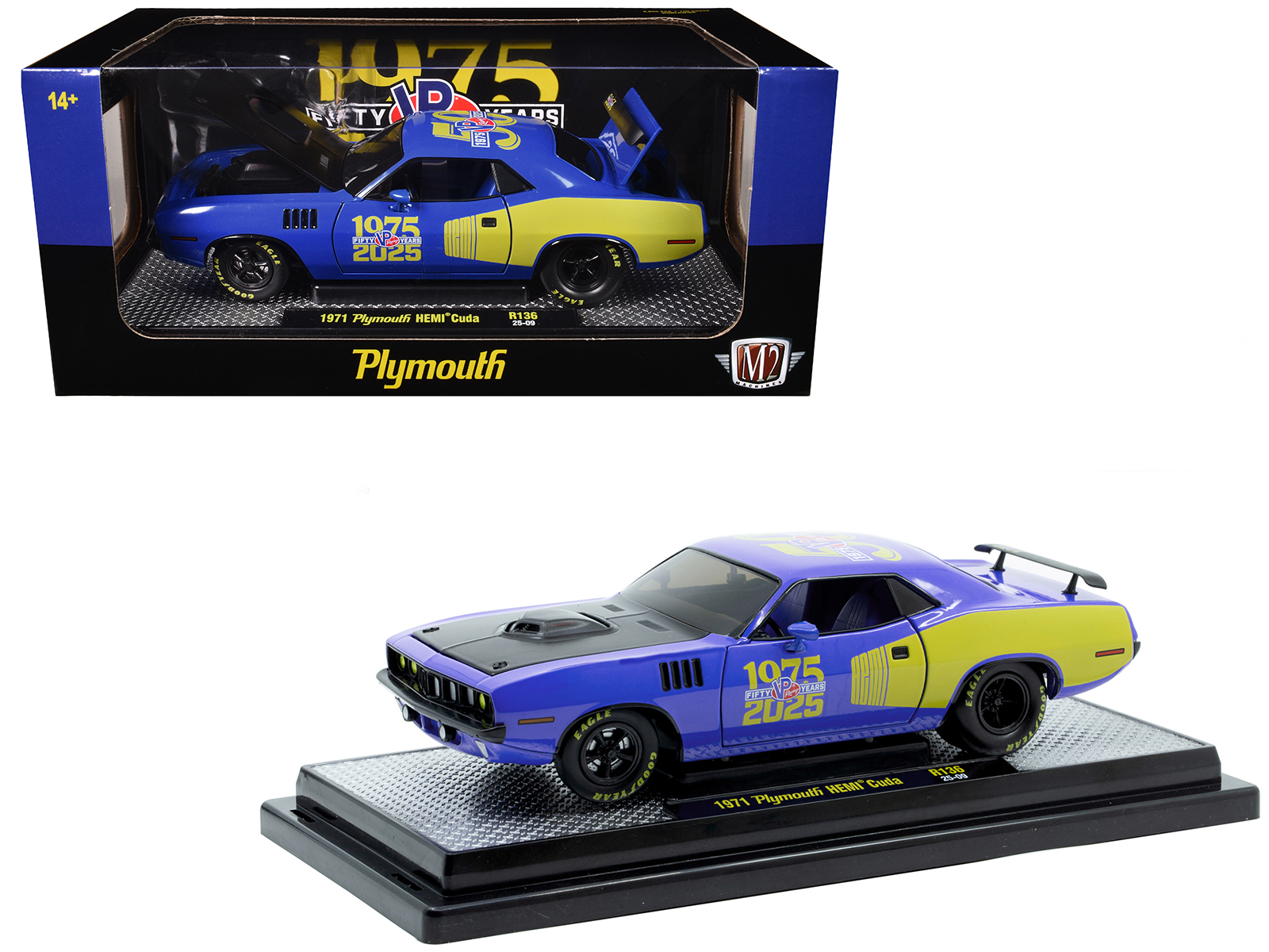 1971 Plymouth Hemi Cuda "VP Racing 50 Years" Blue with Yellow Sides Limited Edition to 8650 pieces Worldwide 1/24 Diecast Model Car by M2 Machines