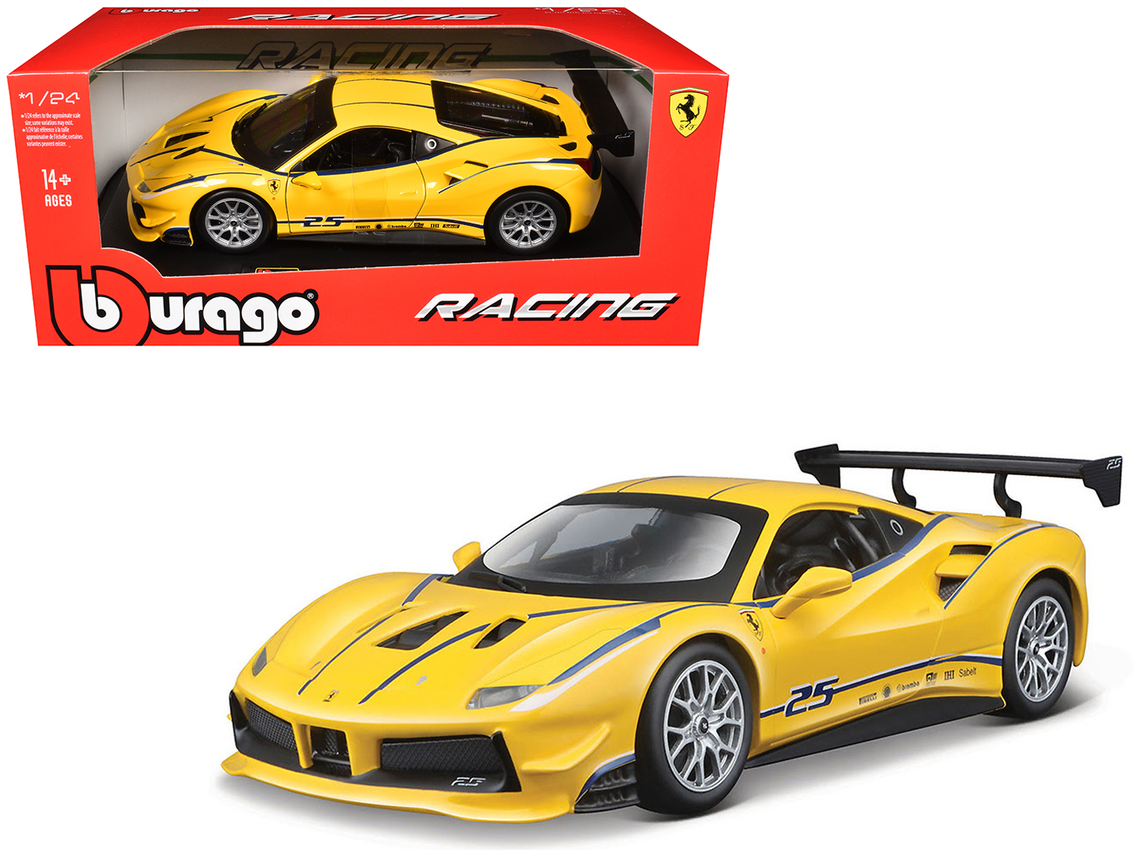 Ferrari 488 Challenge #25 Yellow with Blue Stripes "Ferrari Racing" 1/24 Diecast Model Car by Bburago