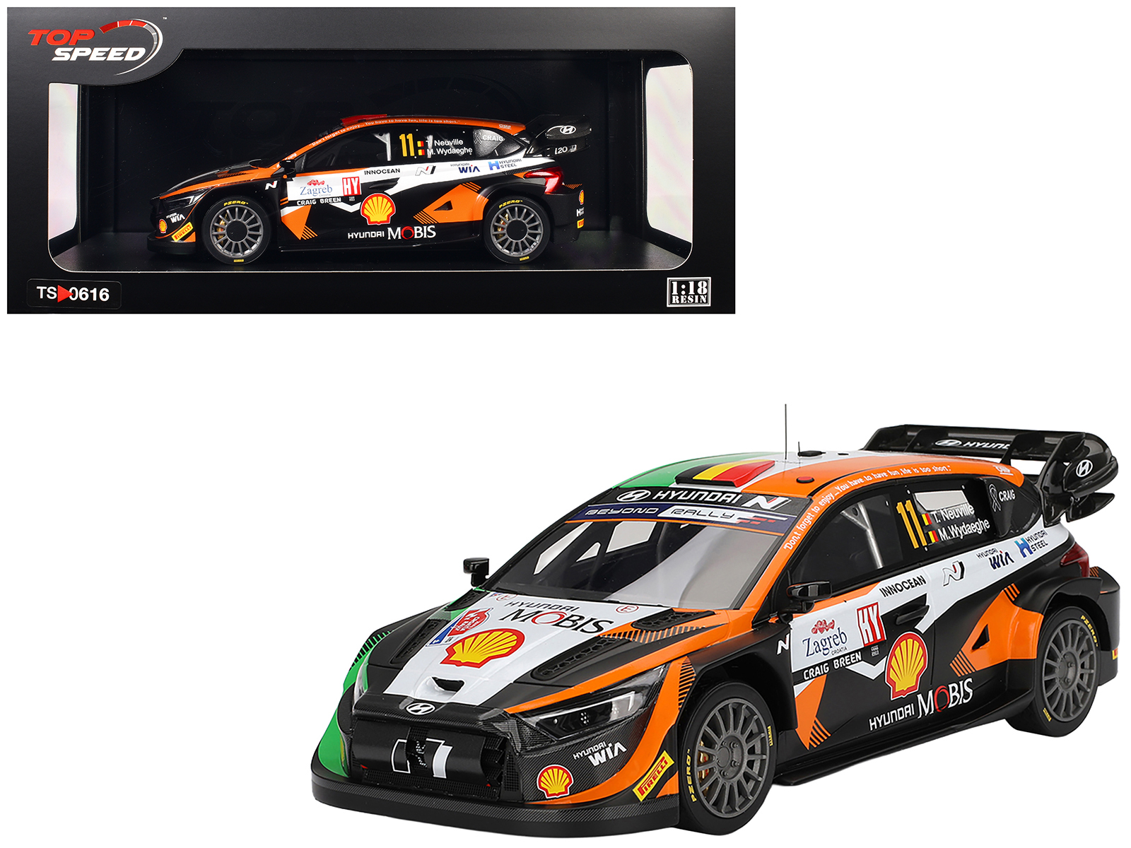 Hyundai i20 N Rally1 Hybrid #11 Thierry Neuville - Martijn Wydaeghe "Hyundai Shell Mobis WRT"  Winner "Rally Croatia Power Stage" (2023) 1/18 Model Car by Top Speed