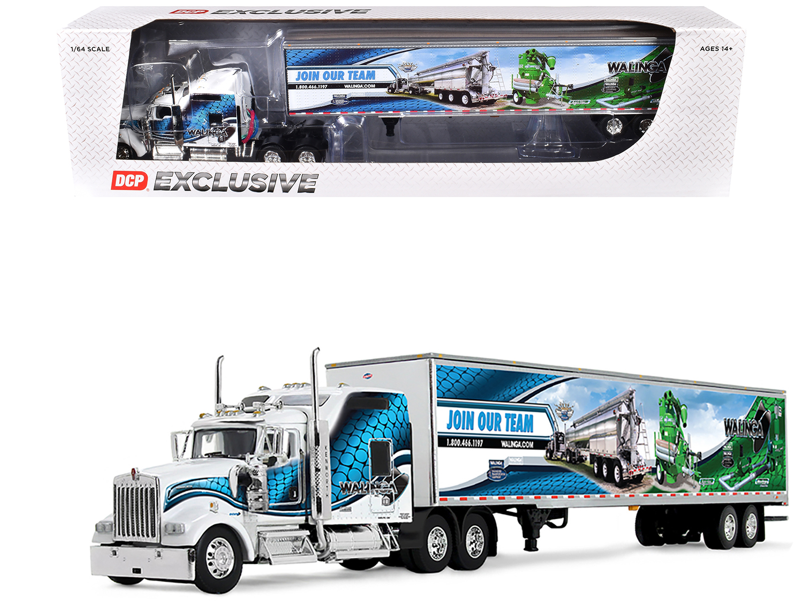 Kenworth W900L with 86" Studio Sleeper and 53' Utility Trailer with Skirts "Walinga" White with Blue Graphics 1/64 Diecast Model by DCP/First Gear