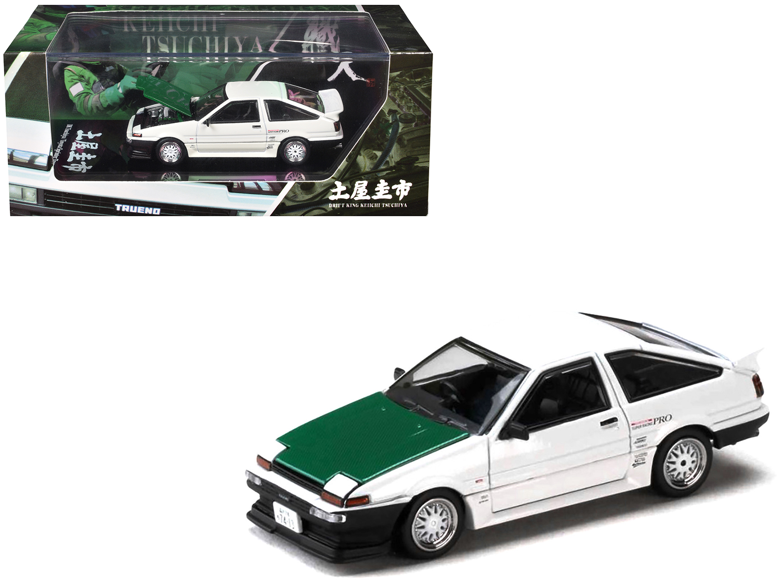 Toyota Sprinter Trueno (AE86) RHD (Right Hand Drive) "Keiichi Tsuchiya - Dori Dori Mesh Wheels" White with Green Carbon Hood 1/64 Diecast Model Car by Hobby Japan