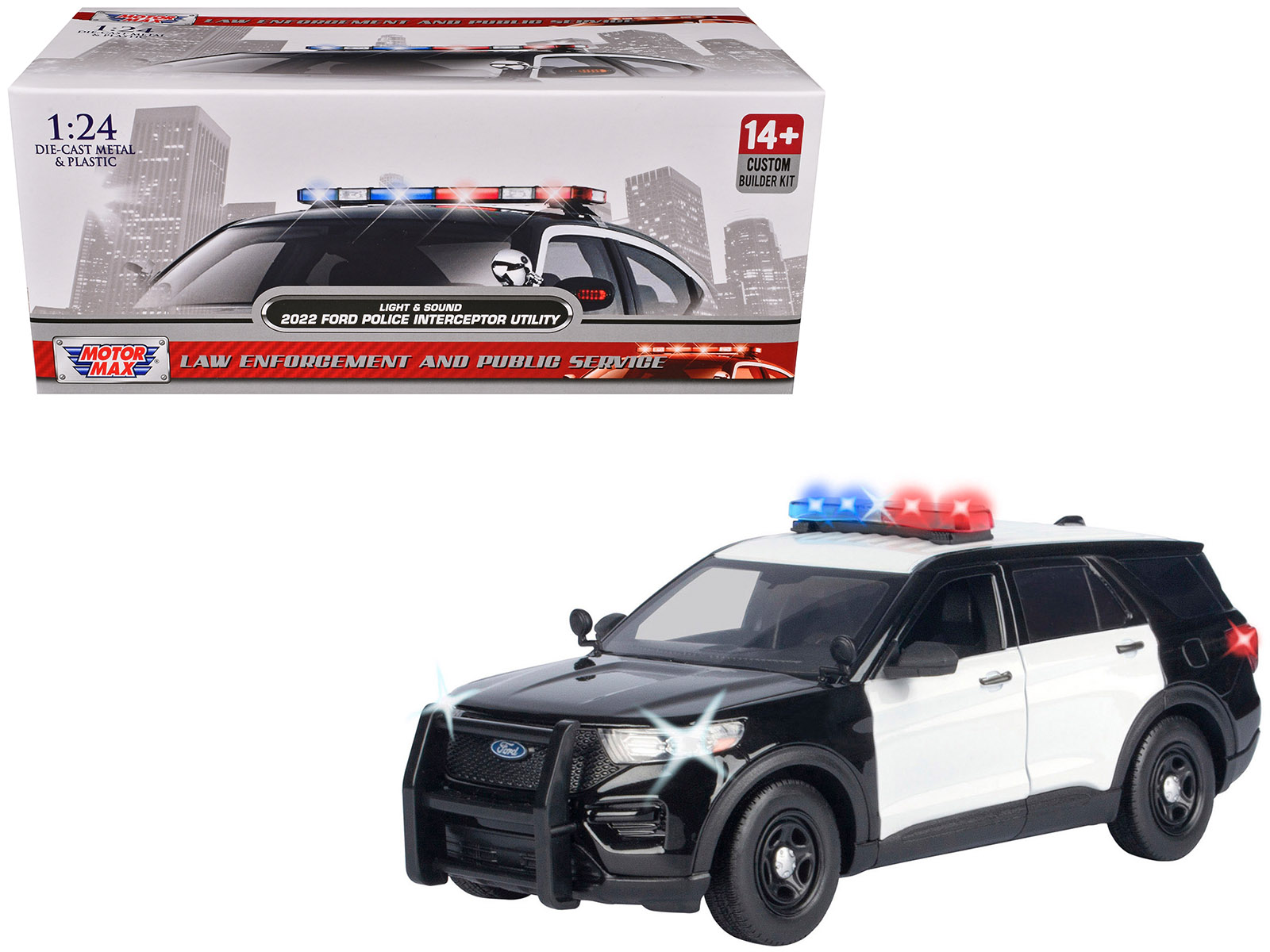 2022 Ford Police Interceptor Utility Black and White "Builder's Kit" with Flashing Light Bar and Front and Rear Lights and Sounds 1/24 Diecast Model Car by Motormax