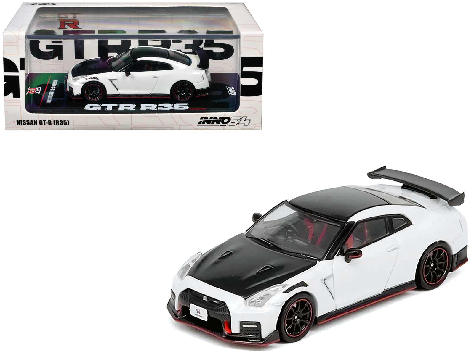 Nissan GT-R (R35) Nismo RHD (Right Hand Drive) White with Carbon Hood and Top 1/64 Diecast Model Car by Inno Models