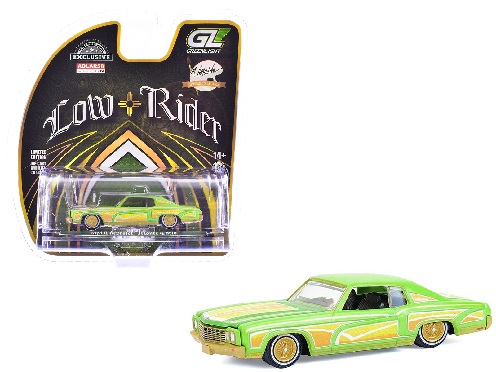 1970 Chevrolet Monte Carlo Lowrider "Michael Heralda Special Edition" Lime Green with Graphics "Hobby Exclusive" Series 1/64 Diecast Model Car by Greenlight