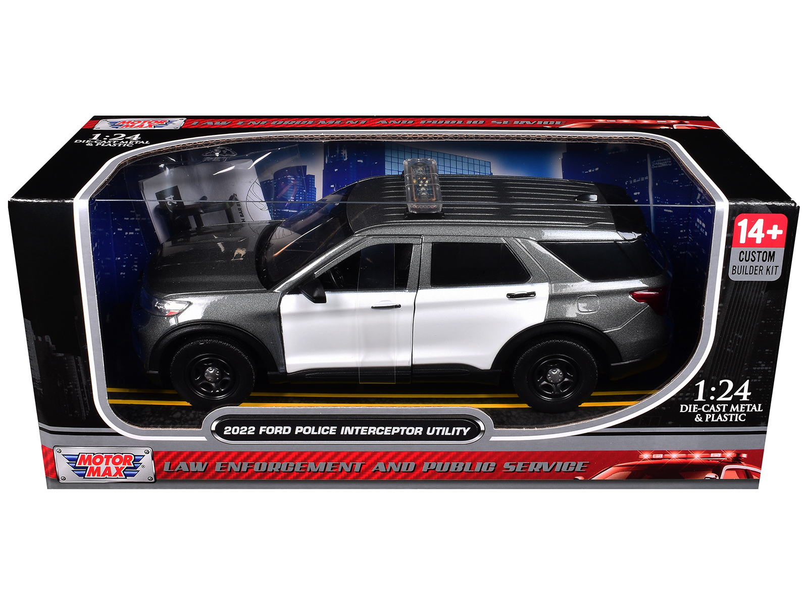 2022 Ford Police Interceptor Utility Gray Metallic with White Doors "Builder's Kit" with Flashing Light Bar and Front and Rear Lights and Sounds 1/24 Diecast Model Car by Motormax