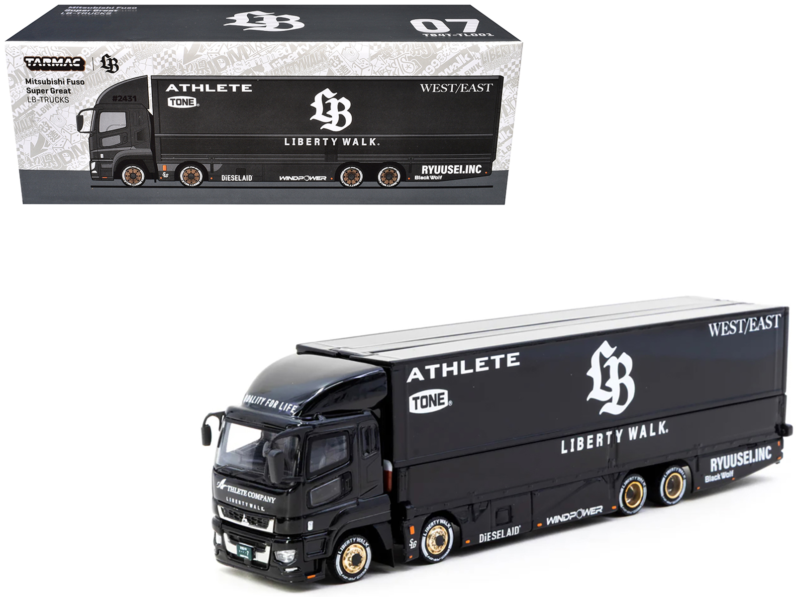 Mitsubishi Fuso Super Great Truck RHD (Right Hand Drive) with Transporter "Liberty Walk" Black "Truck64" Series 1/64 Diecast Model Car by Tarmac Works