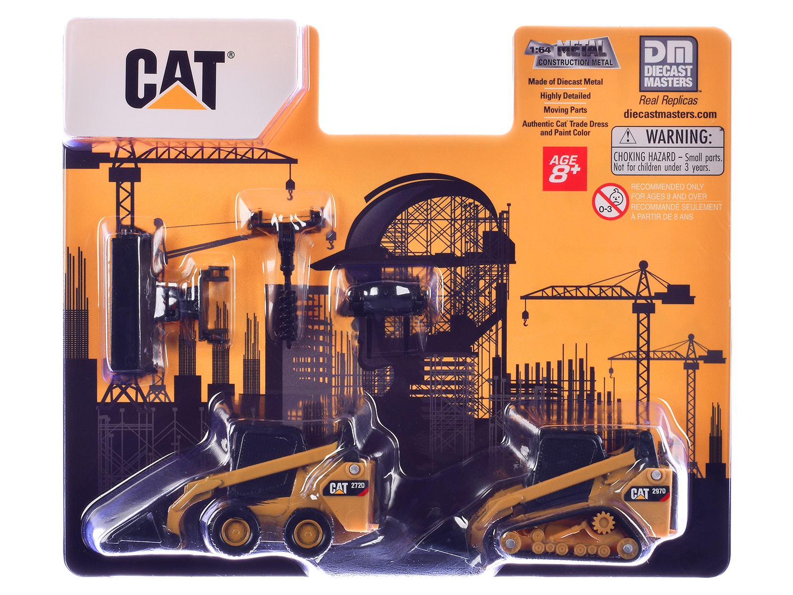 CAT Caterpillar 272D Skid Steer Loader and 297D Compact Track Loader with Interchangeable Attachment Yellow 1/64 Diecast Model by Diecast Master