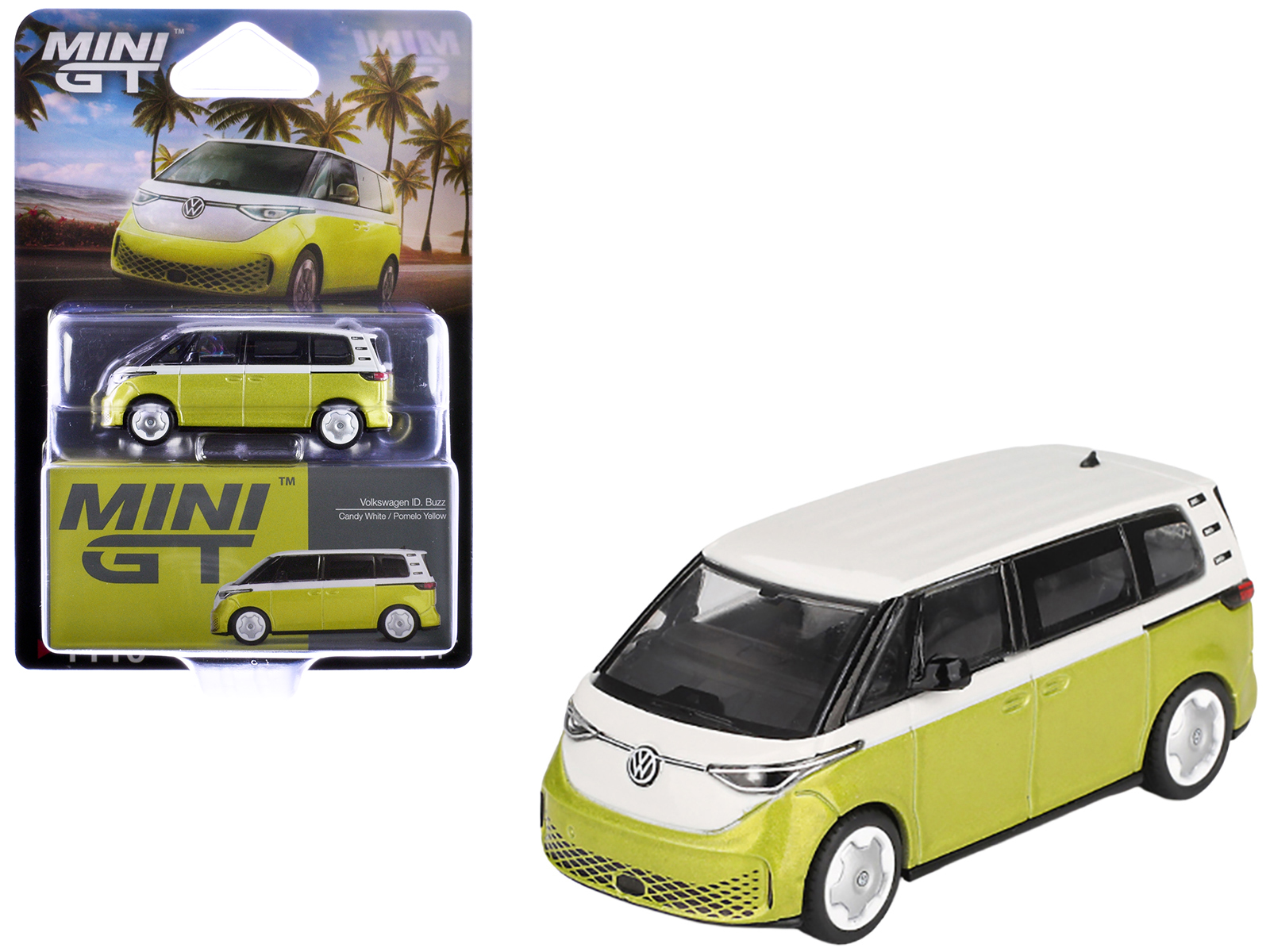 Volkswagen ID. Buzz Van Pomelo Yellow Metallic and Candy White Limited Edition 1/64 Diecast Model Car by Mini GT