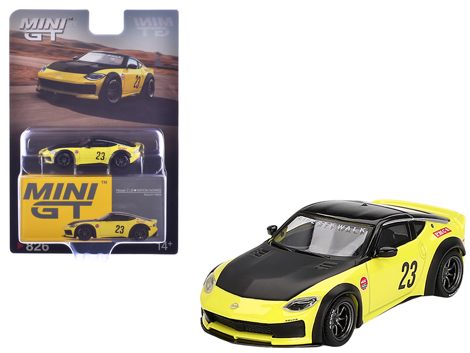 Nissan Z "LB-Nation Works" #23 Ikazuchi Yellow with Black Hood and Top Limited Edition 1/64 Diecast Model Car by Mini GT