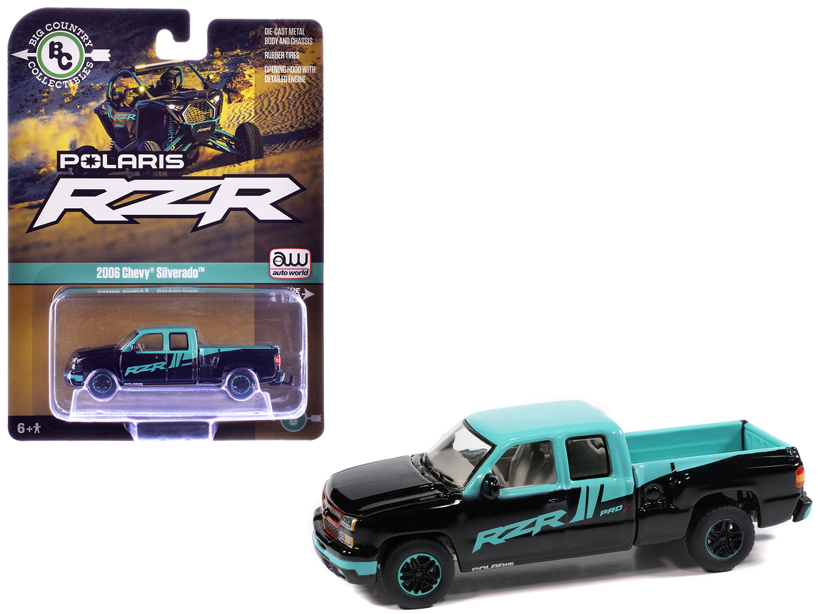 2006 Chevrolet Silverado Pickup Truck "Polaris RZR" Black and Blue "Big Country Collectibles" 2025 Series 1/64 Diecast Model Car by Auto World