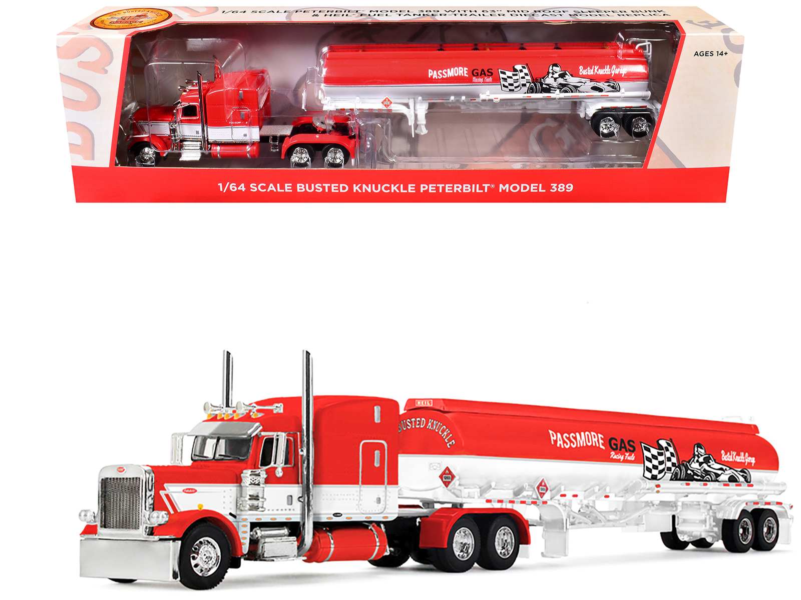 Peterbilt 389 with 63" Mid-Roof Sleeper and Heil Fuel Tank Trailer "Busted Knuckle Garage" Red and White 1/64 Diecast Model by DCP/First Gear