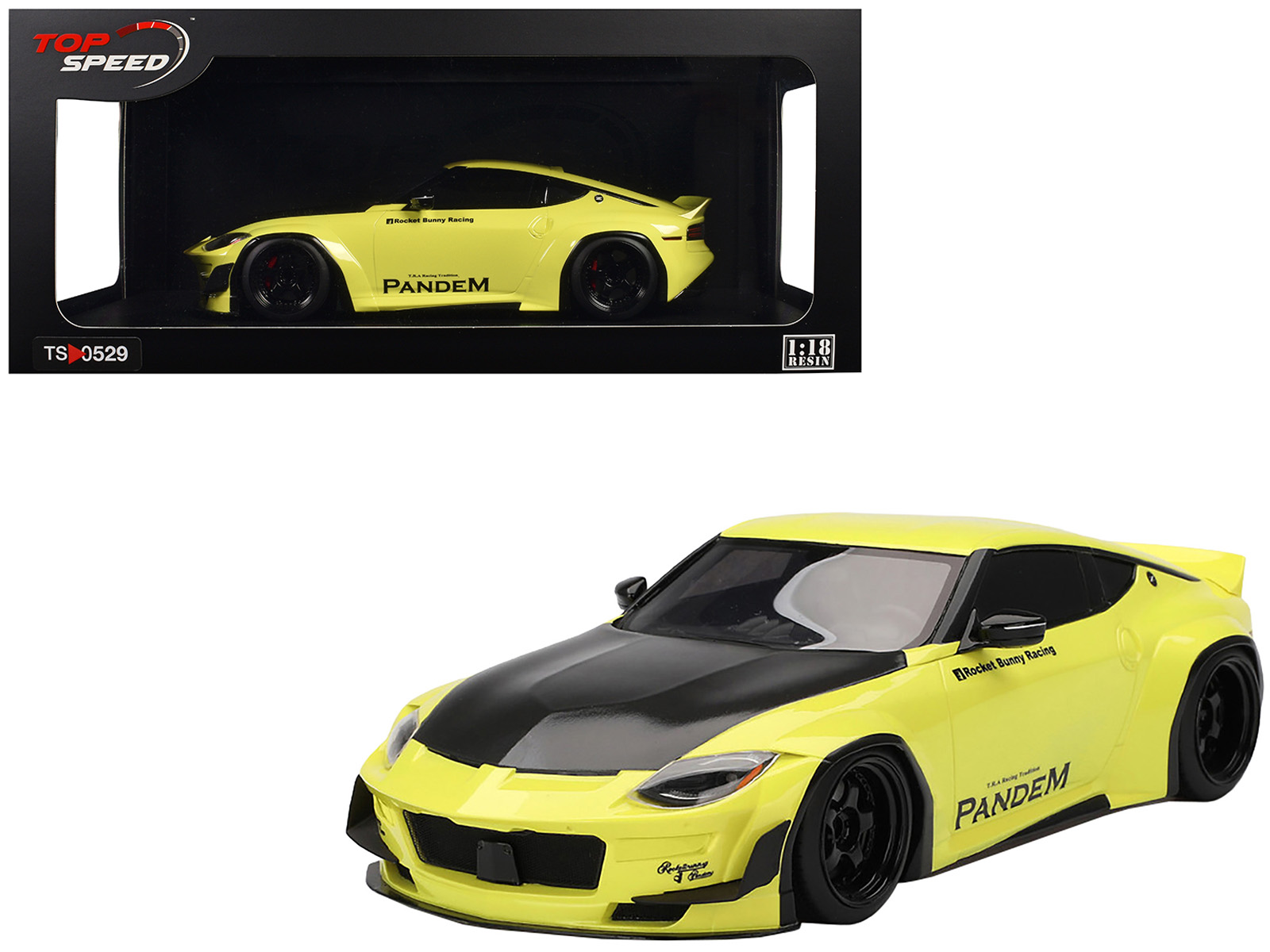 Nissan Z (RZ34) "Pandem" Ikazuchi Yellow with Matt Black Hood 1/18 Model Car by Top Speed