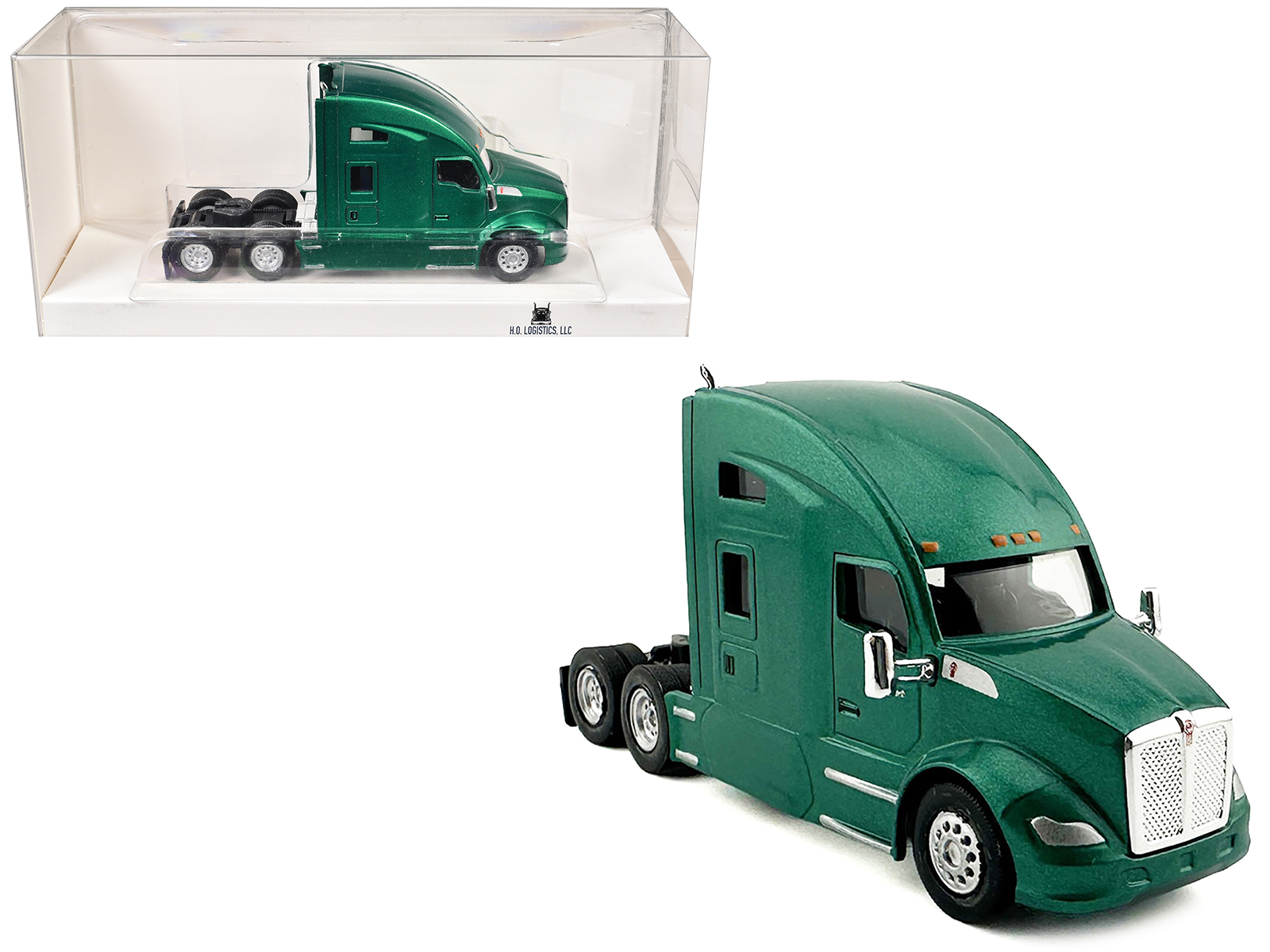 Kenworth T680 Sleeper Cab Green Metallic 1/87 (HO) Plastic Model Car by HO Logistics