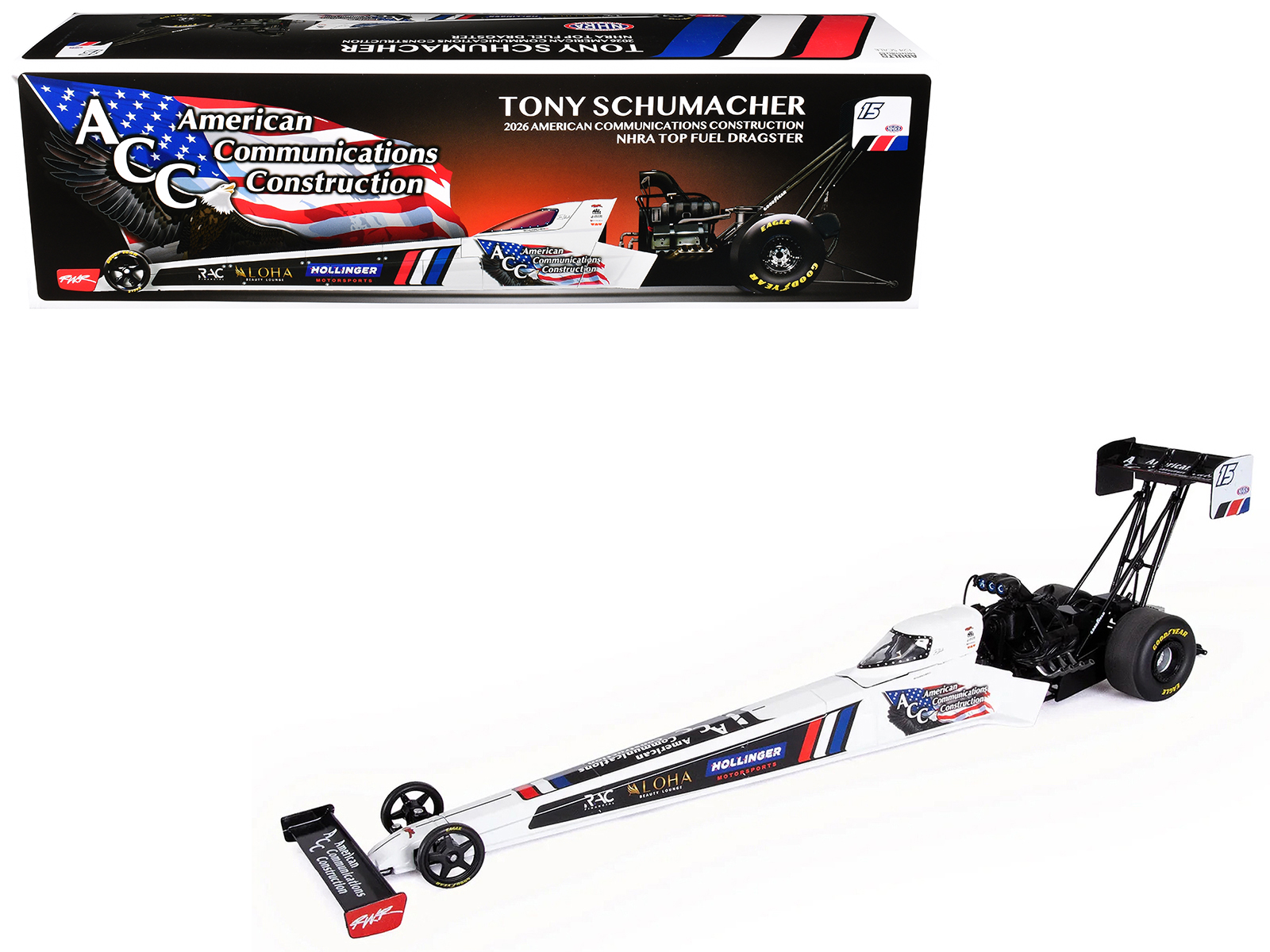NHRA TFD (Top Fuel Dragster) #15 Tony Schumacher "American Communications Construction" White with Graphics (2026) 1/24 Diecast Model Car by Auto World